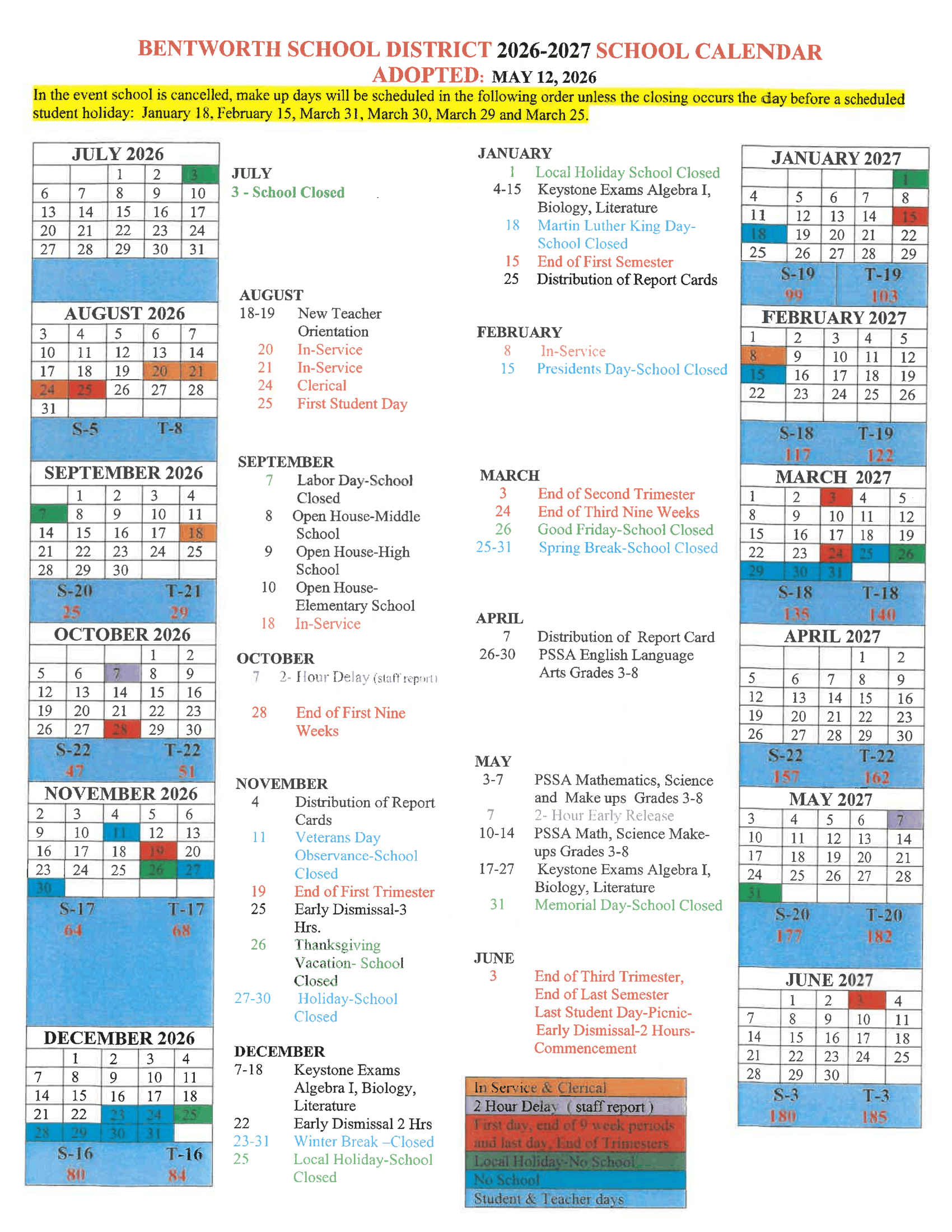 BENTWORTH SCHOOL DISTRICT Calendar 26-27 pdf