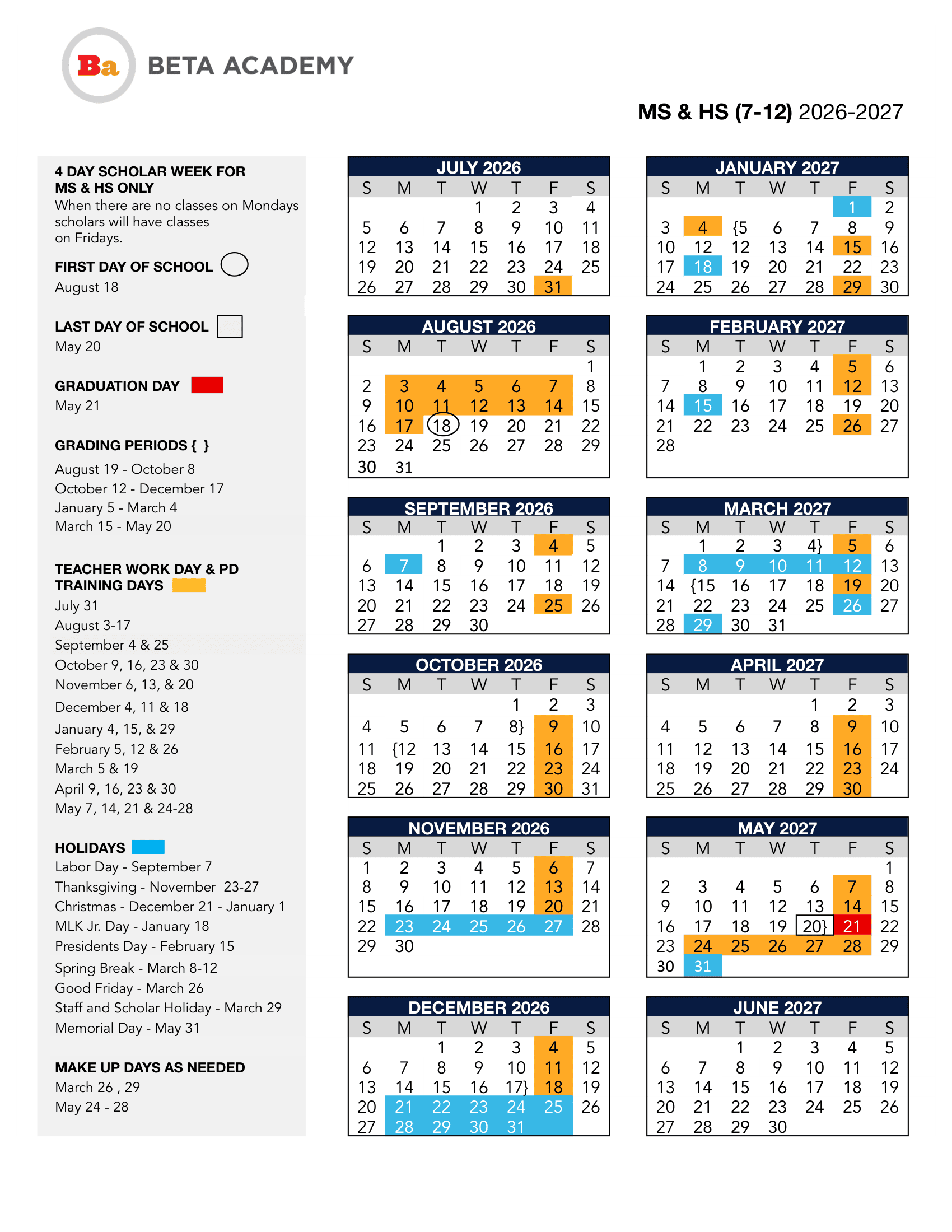 BETA ACADEMY MS & HS (7-12) Calendar 26-27 pdf