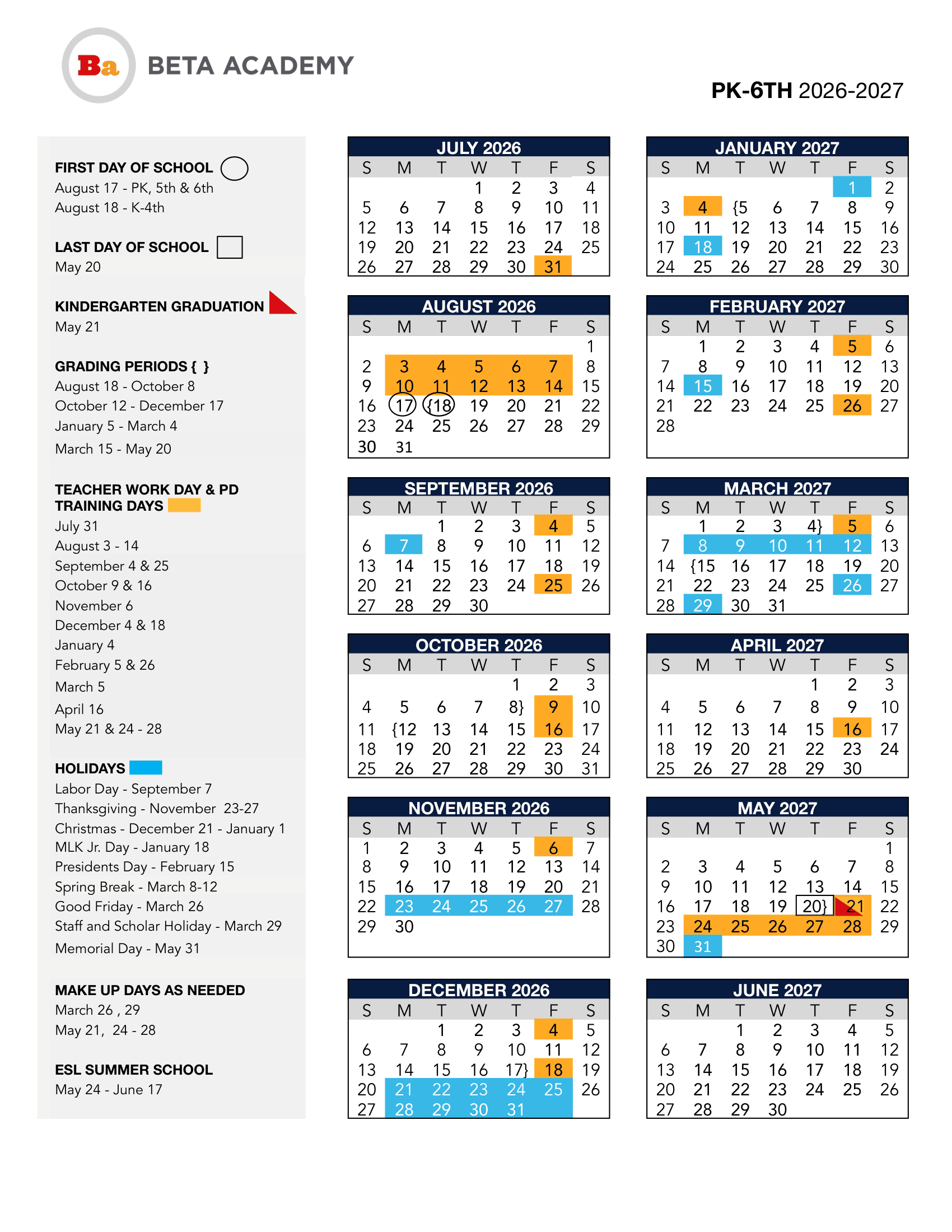 BETA ACADEMY PK-6TH Calendar 26-27 pdf