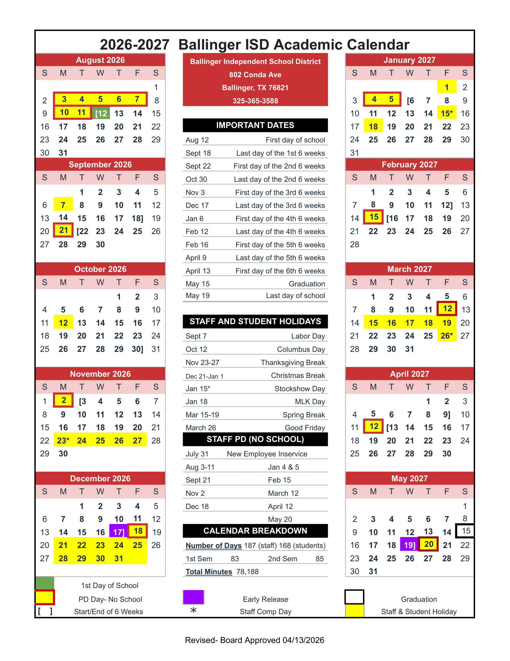 Ballinger ISD Calendar 26-27 Revised