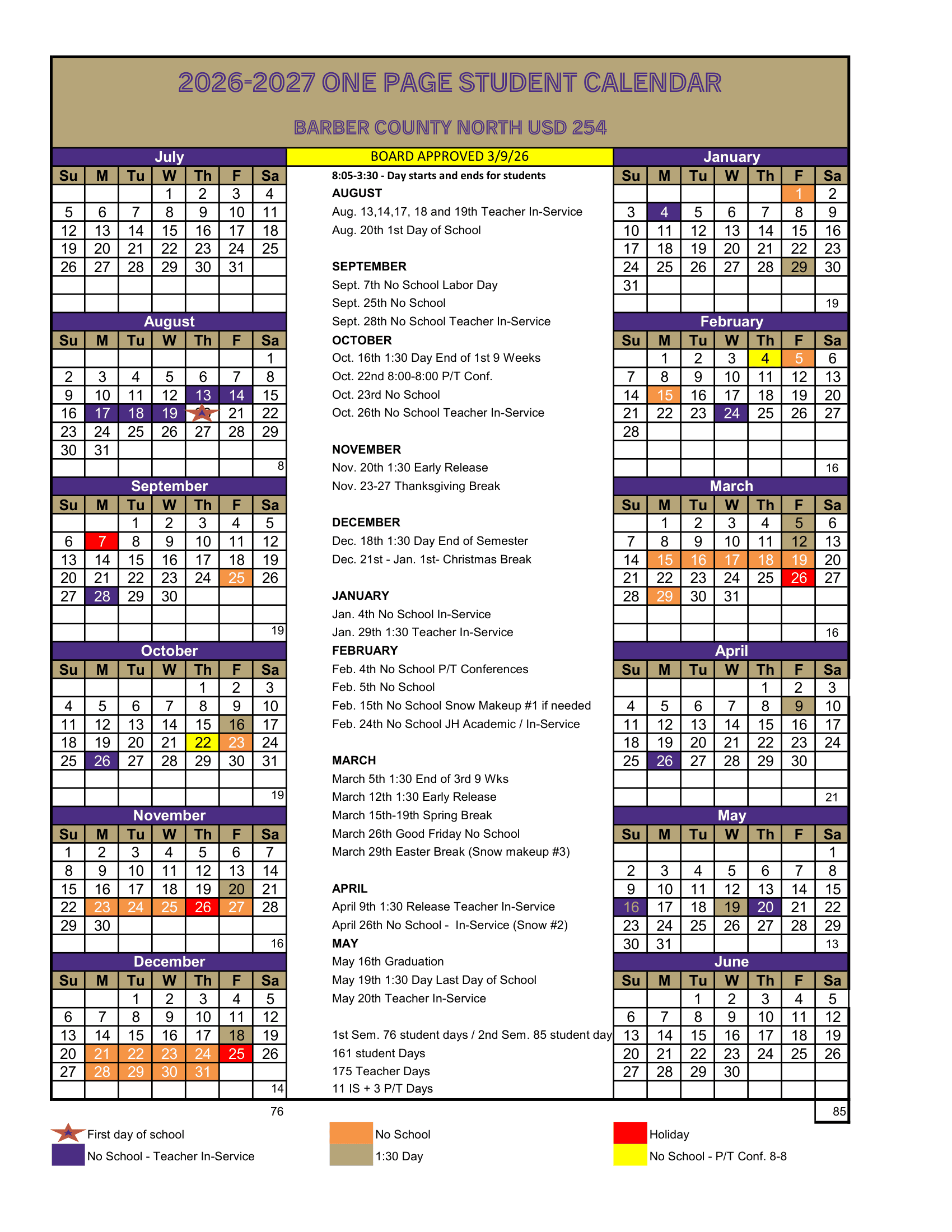 Barber County North USD 254 Calendar 26-27 Revised