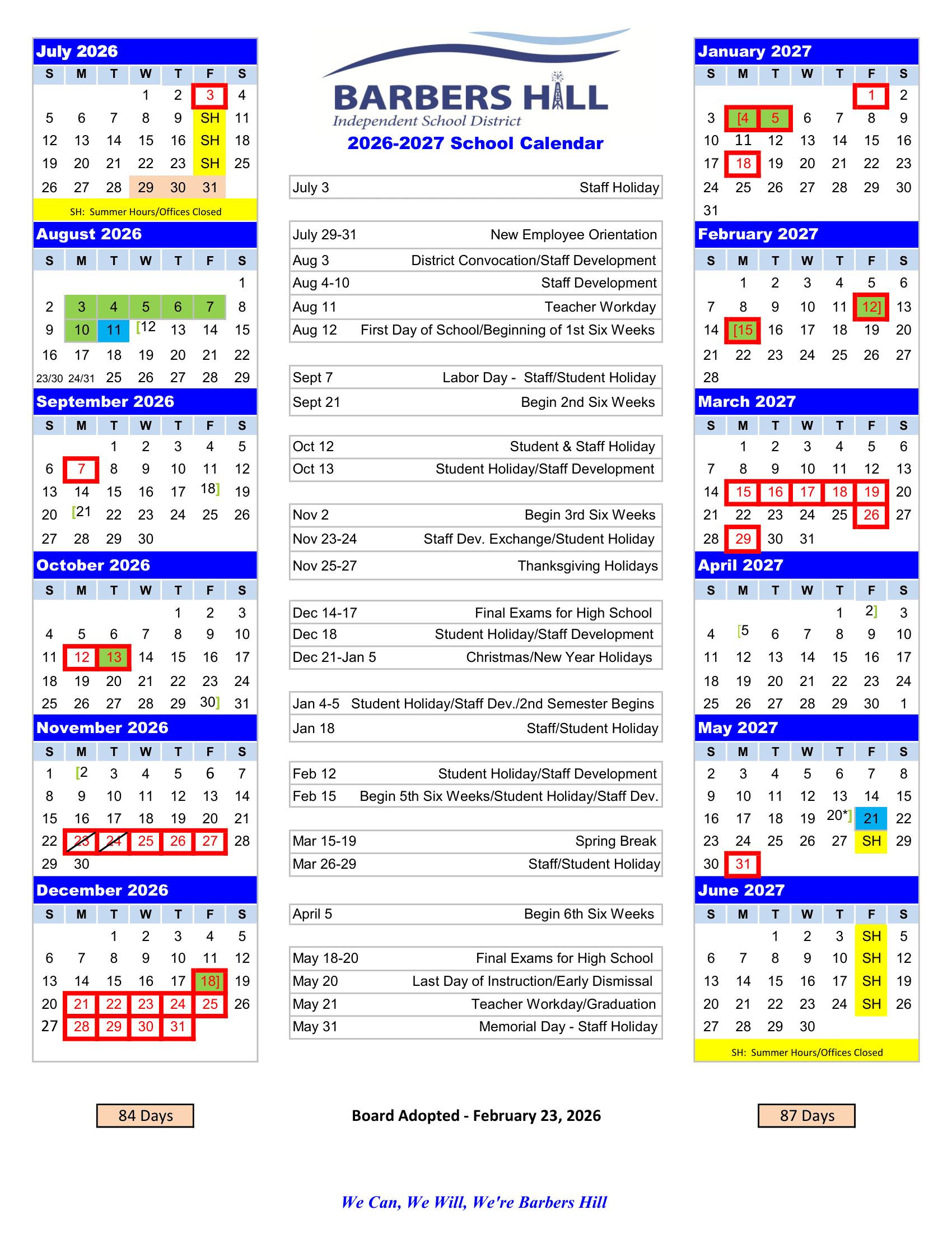 Barbers Hill Independent School District Calendar 26-27 Revised