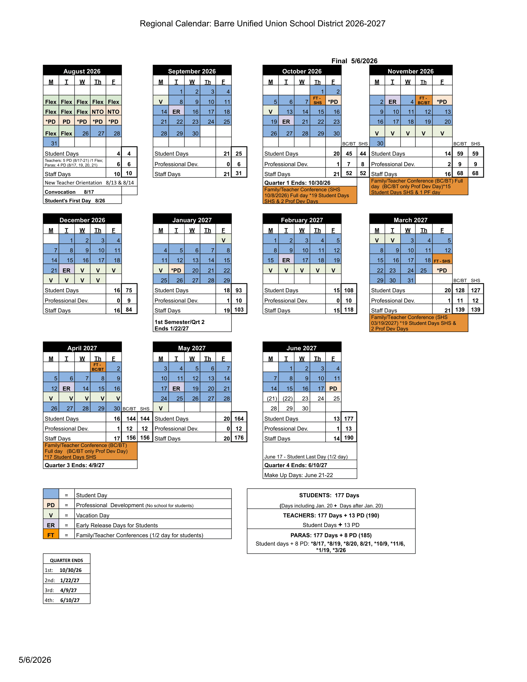 Barre Unified Union School District Calendar 26-27 Revised