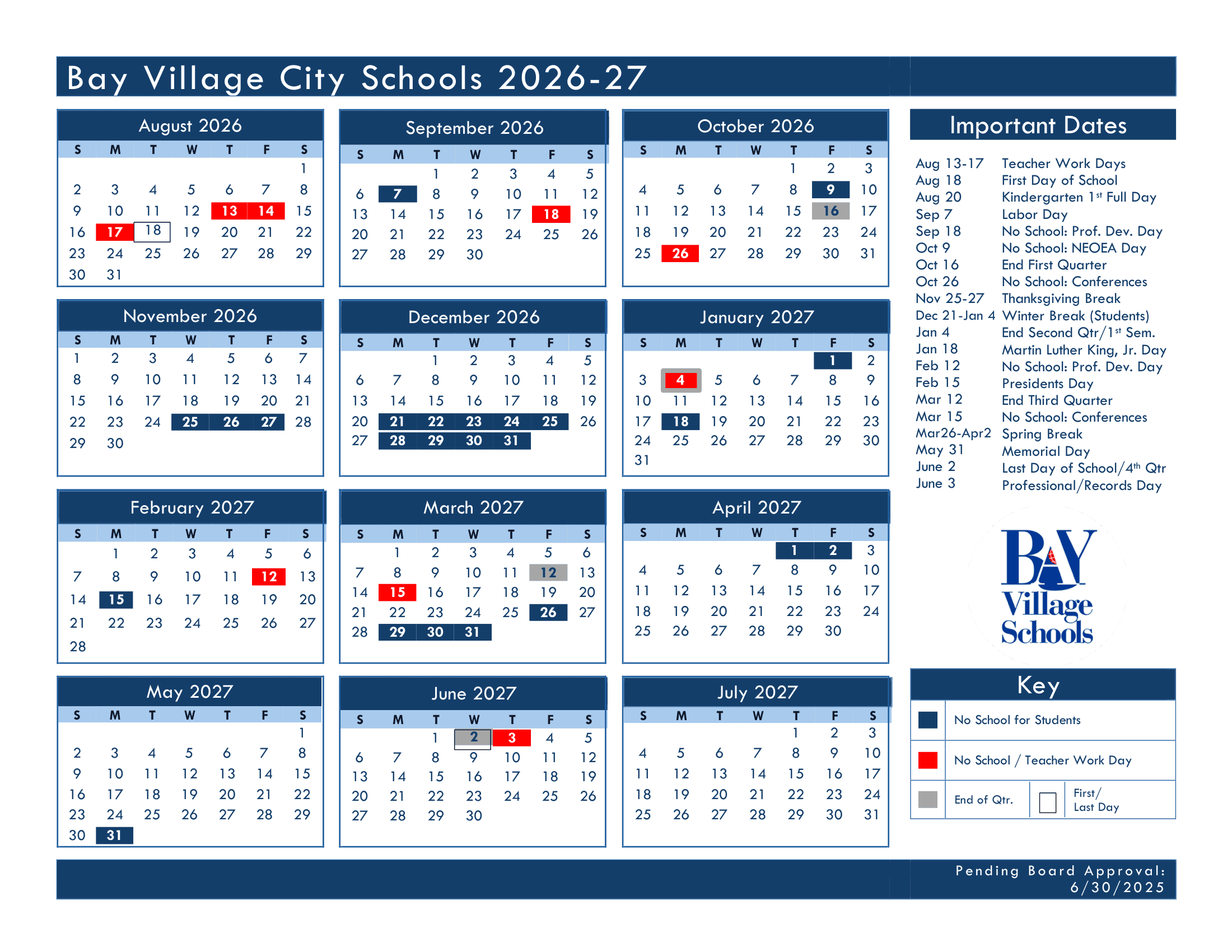 Bay Village City Schools Calendar 26-27 pdf