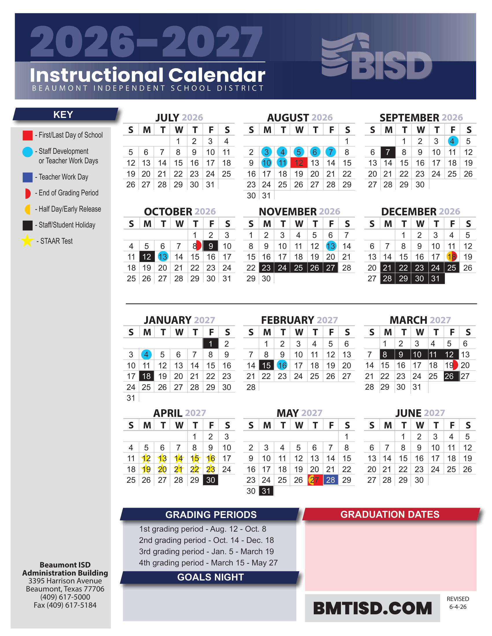 Beaumont Independent School District Calendar 26-27 Revised