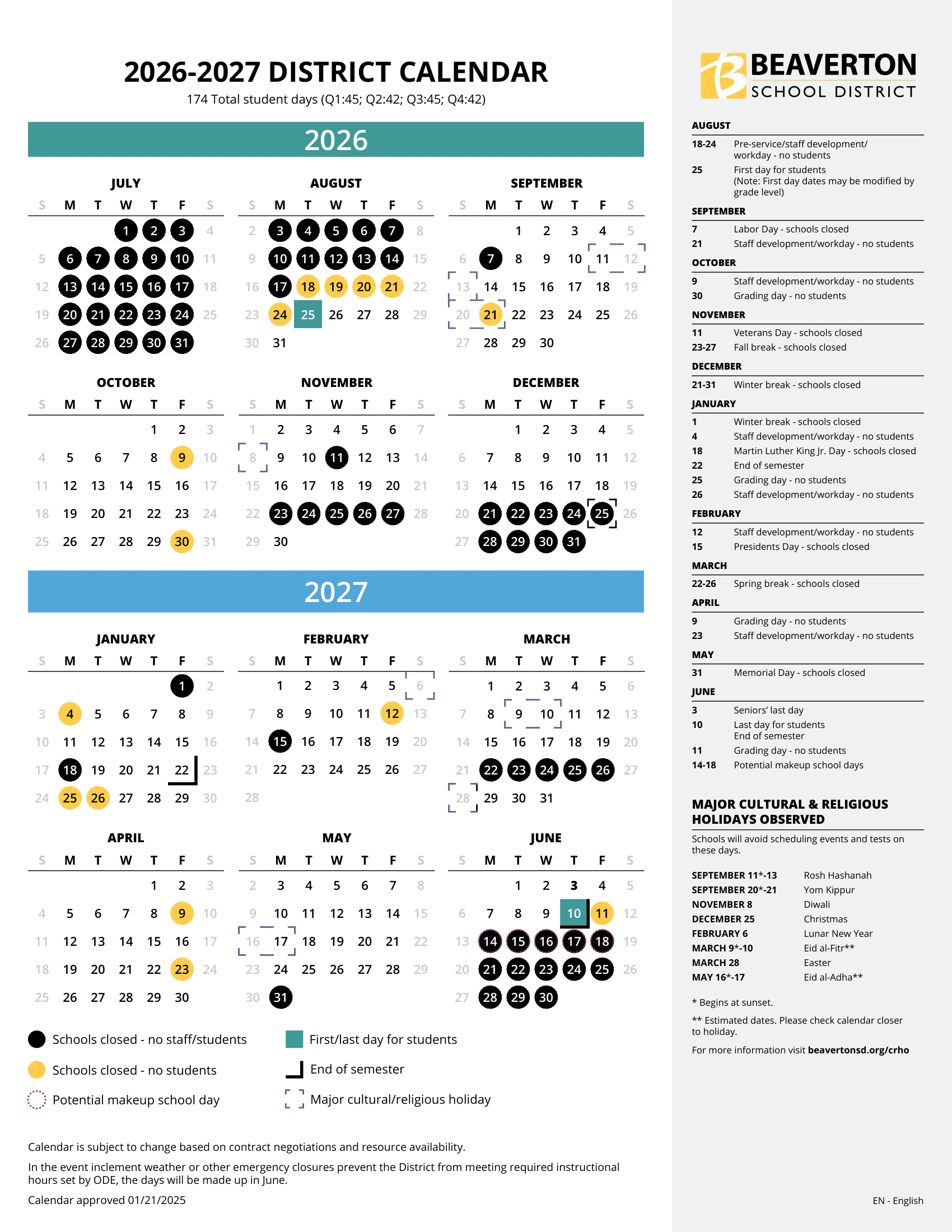 Beaverton School District Calendar 26-27 PDF