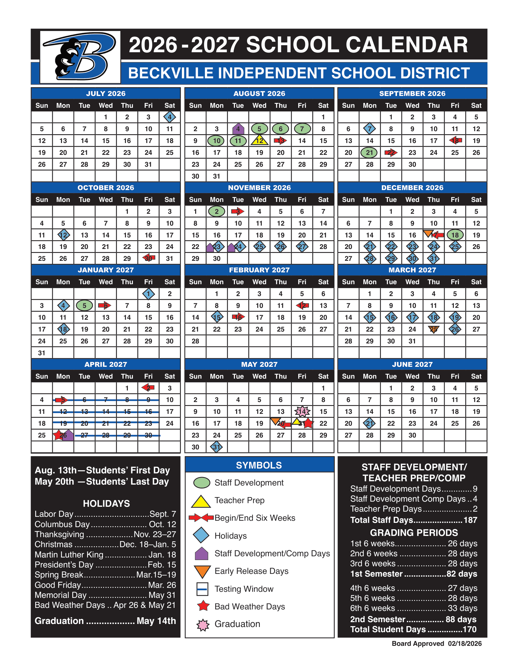 Beckville Independent School District Calendar 26-27 Revised