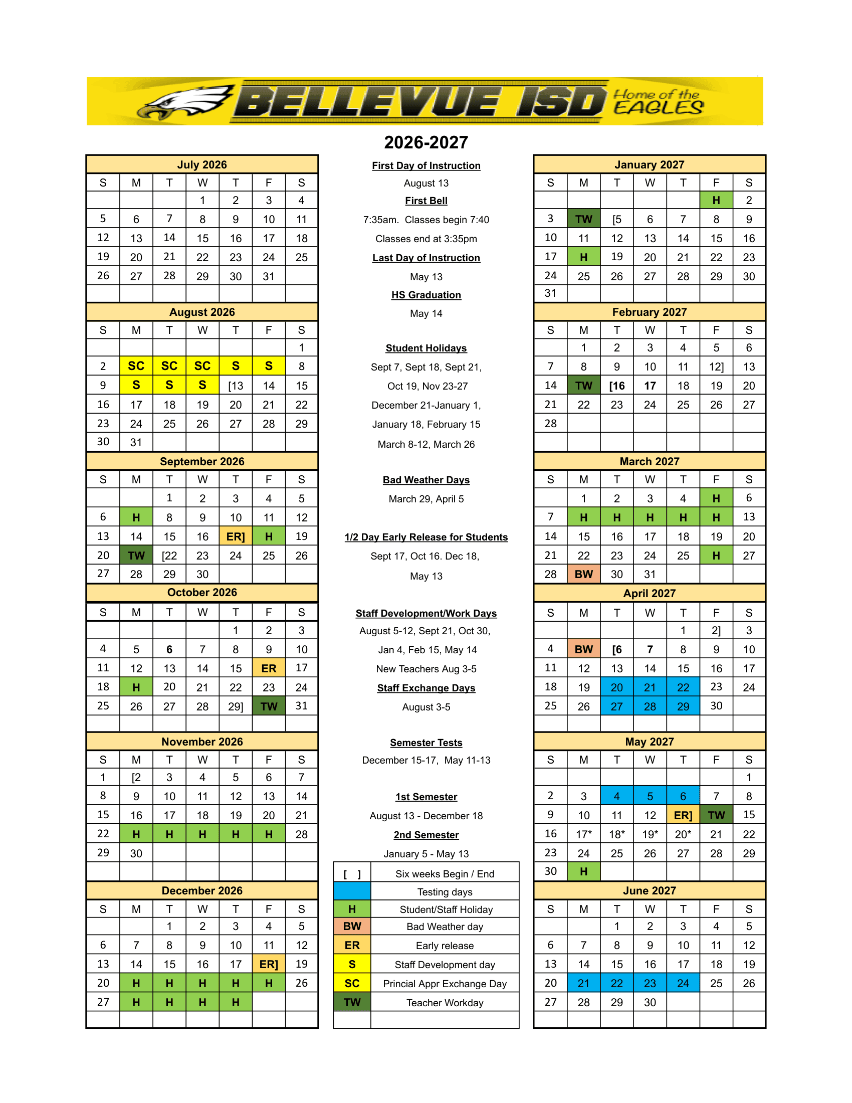 Bellevue ISD Calendar 26-27 Revised