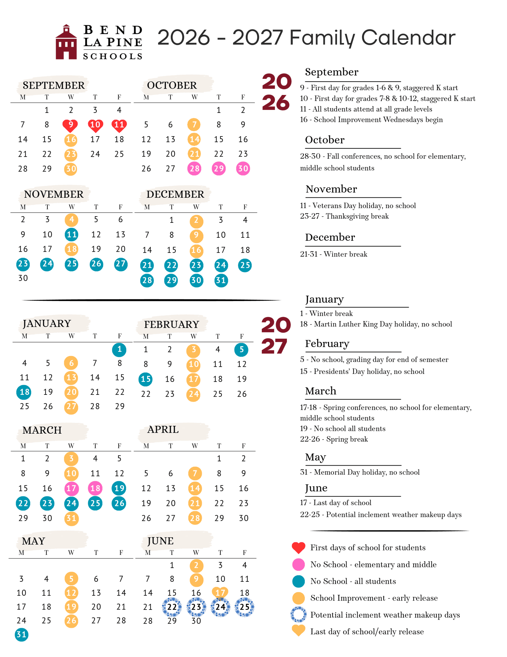 Bend-La Pine Schools Calendar 26-27 PDF
