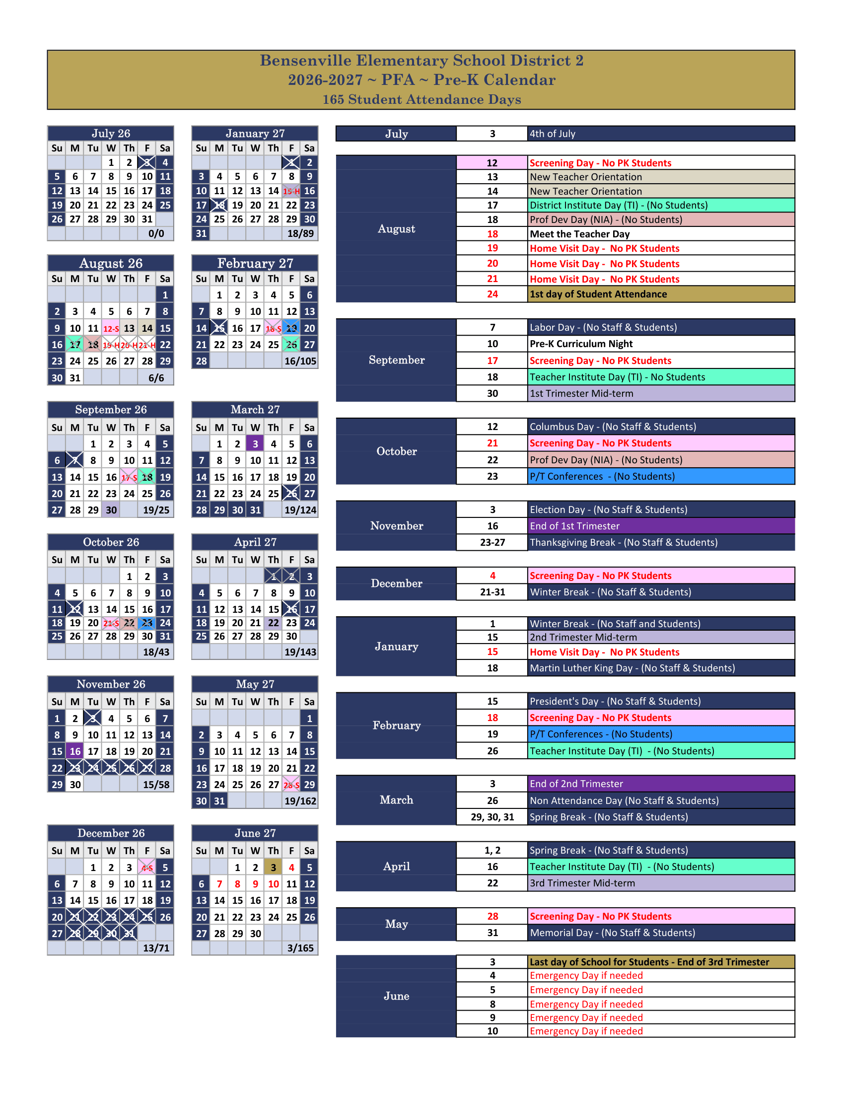 Bensenville Elementary School District 2 Calendar 26-27 pdf
