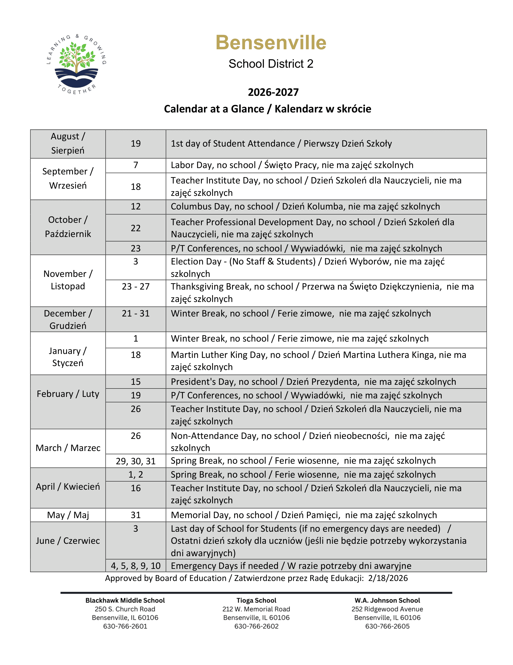 Bensenville School District 2 Calendar 26-27 pdf