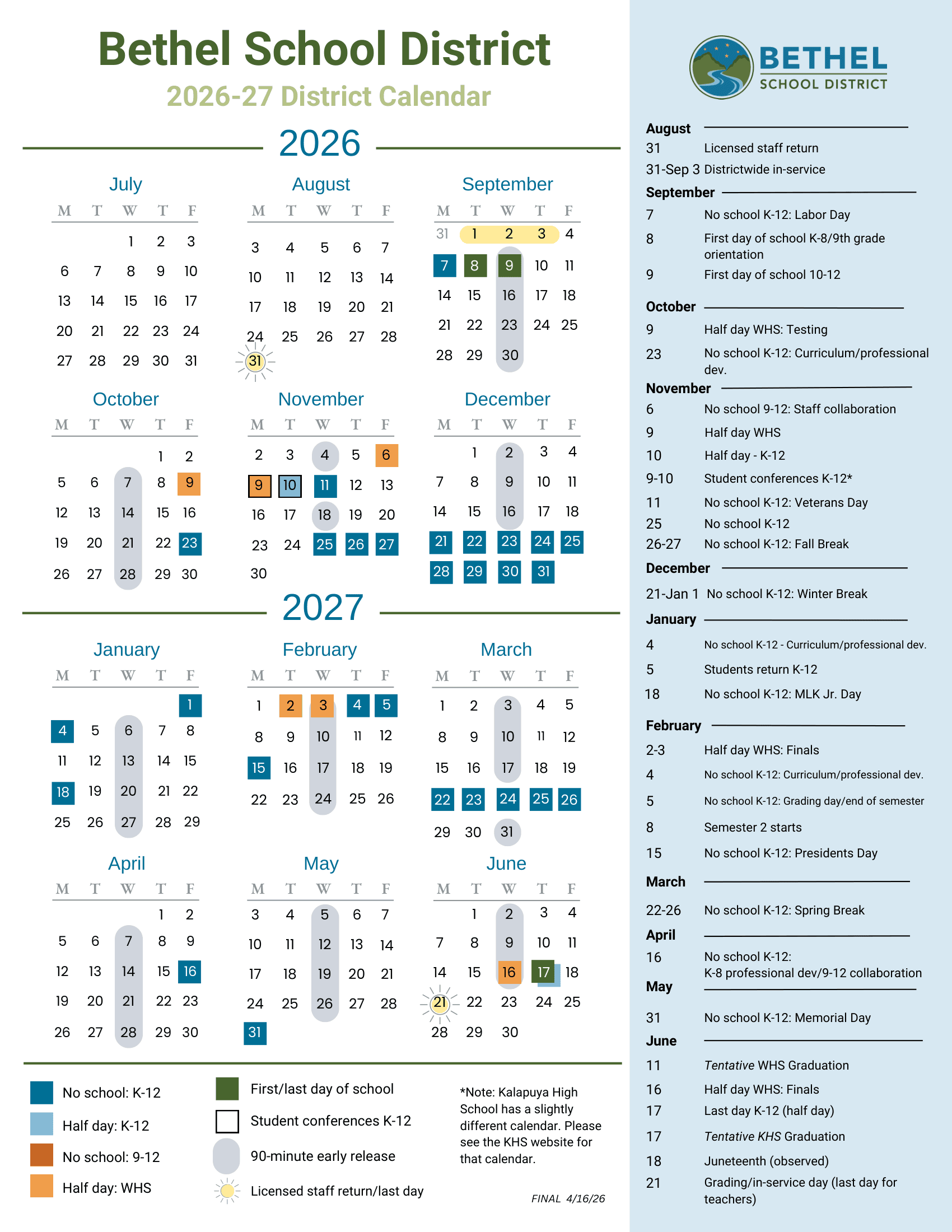 Bethel School District Calendar 26-27 PDF