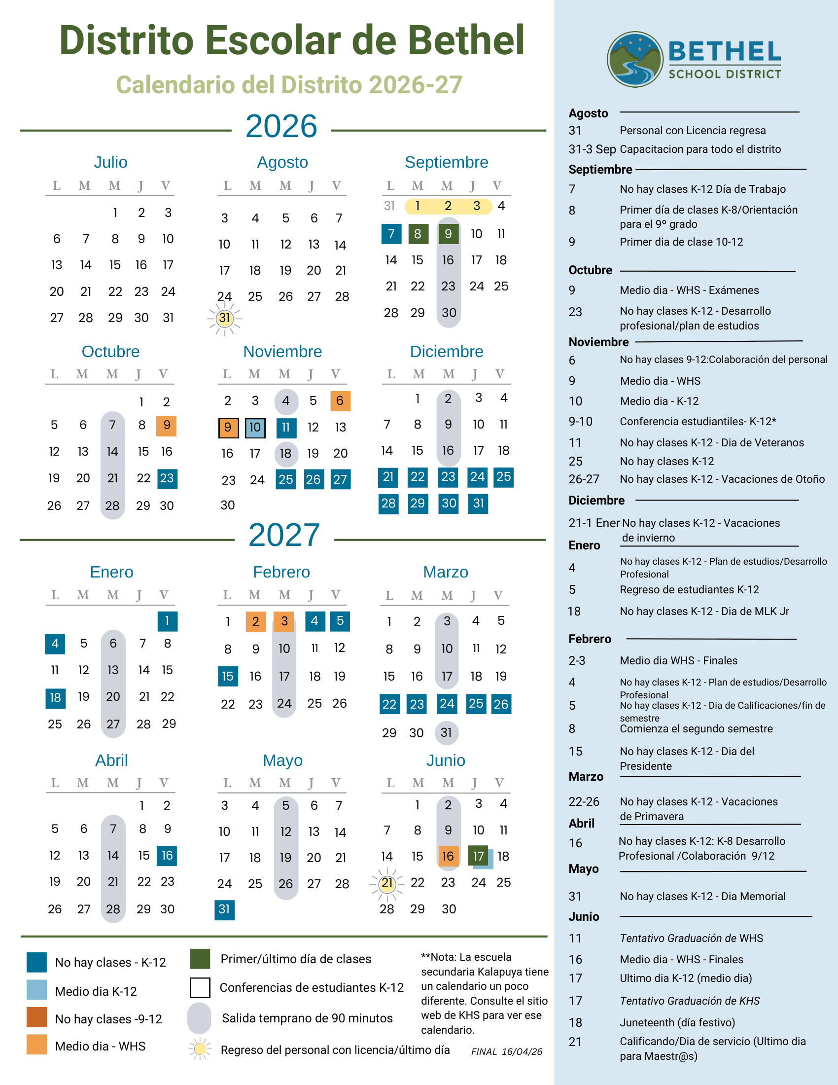 Bethel School District Calendar 26-27 PDF