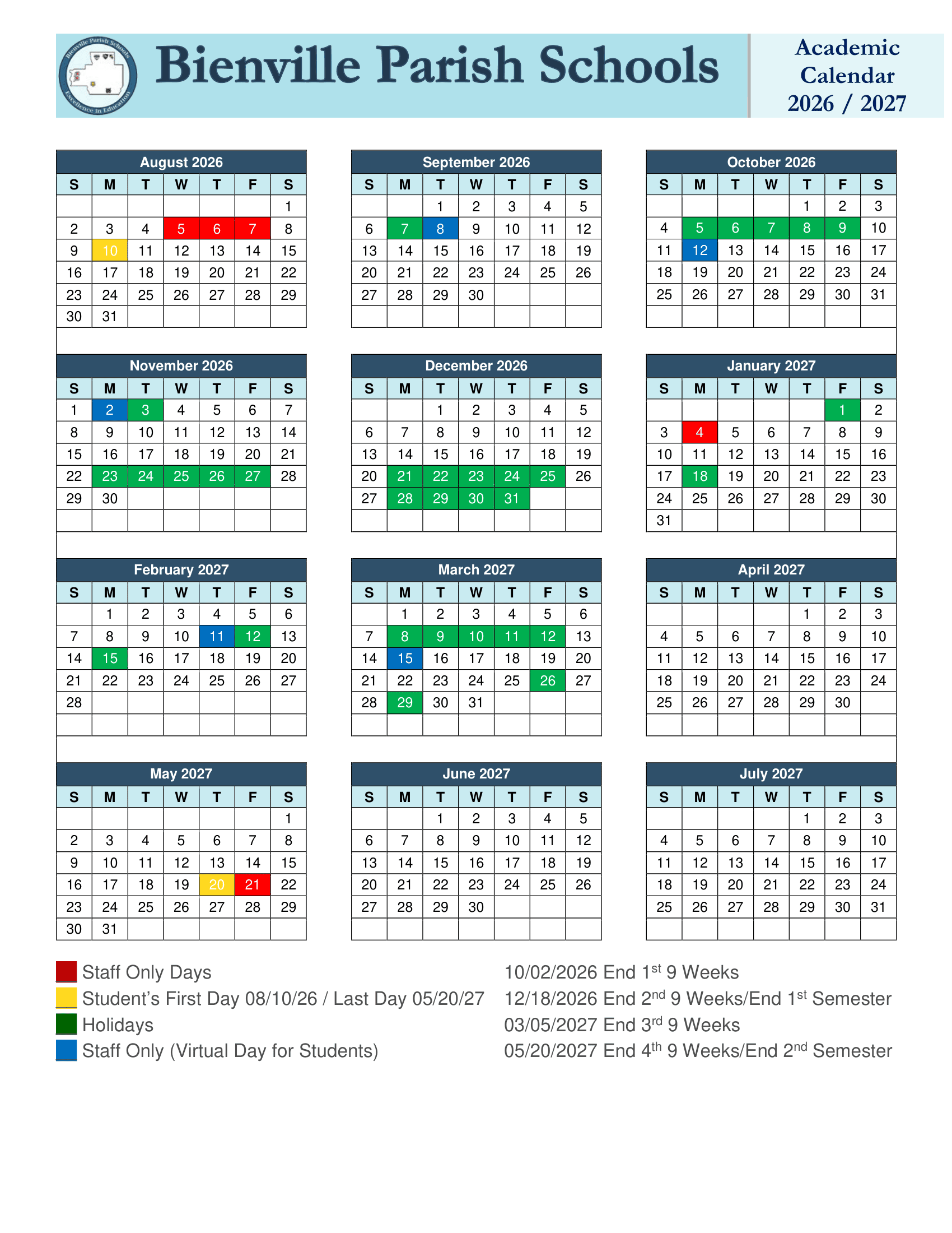 Bienville Parish Schools Calendar 26-27 pdf