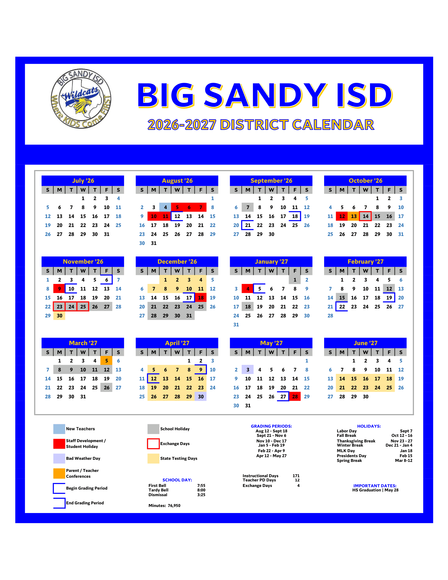 Big Sandy ISD Calendar 26-27 Revised