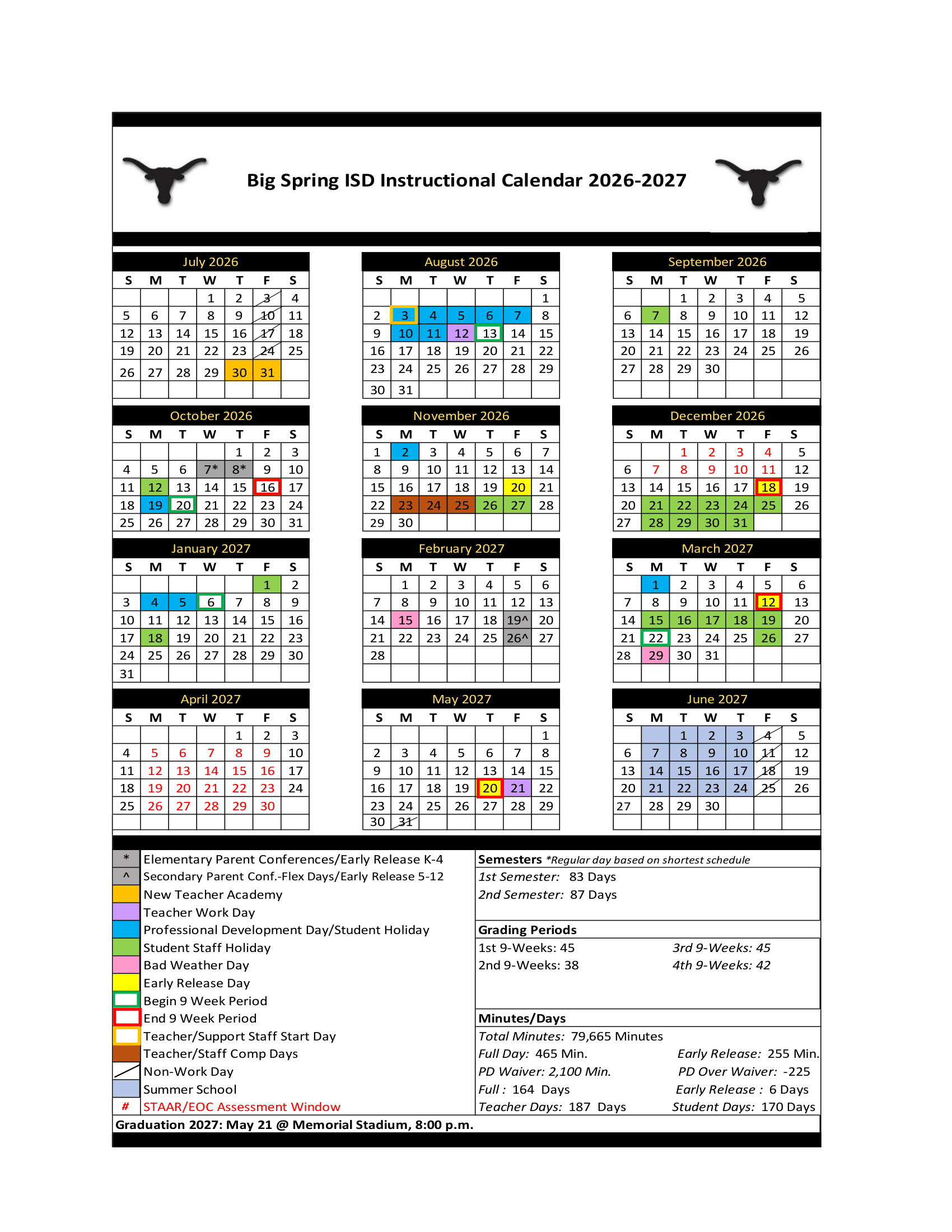Big Spring ISD Calendar 26-27 pdf