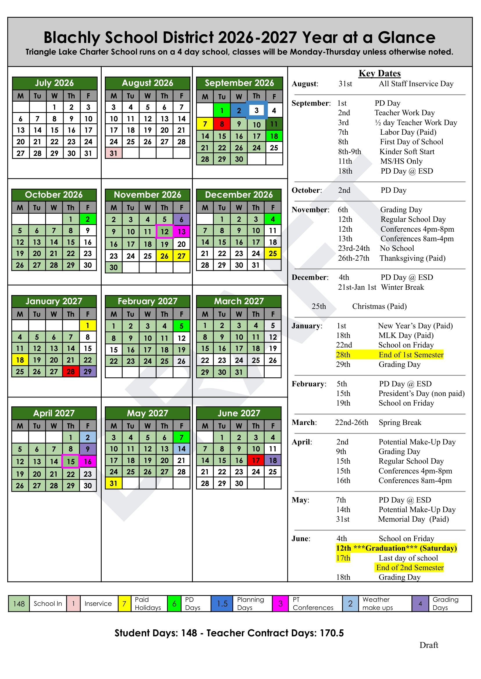 Blachly School District Calendar 26-27 PDF