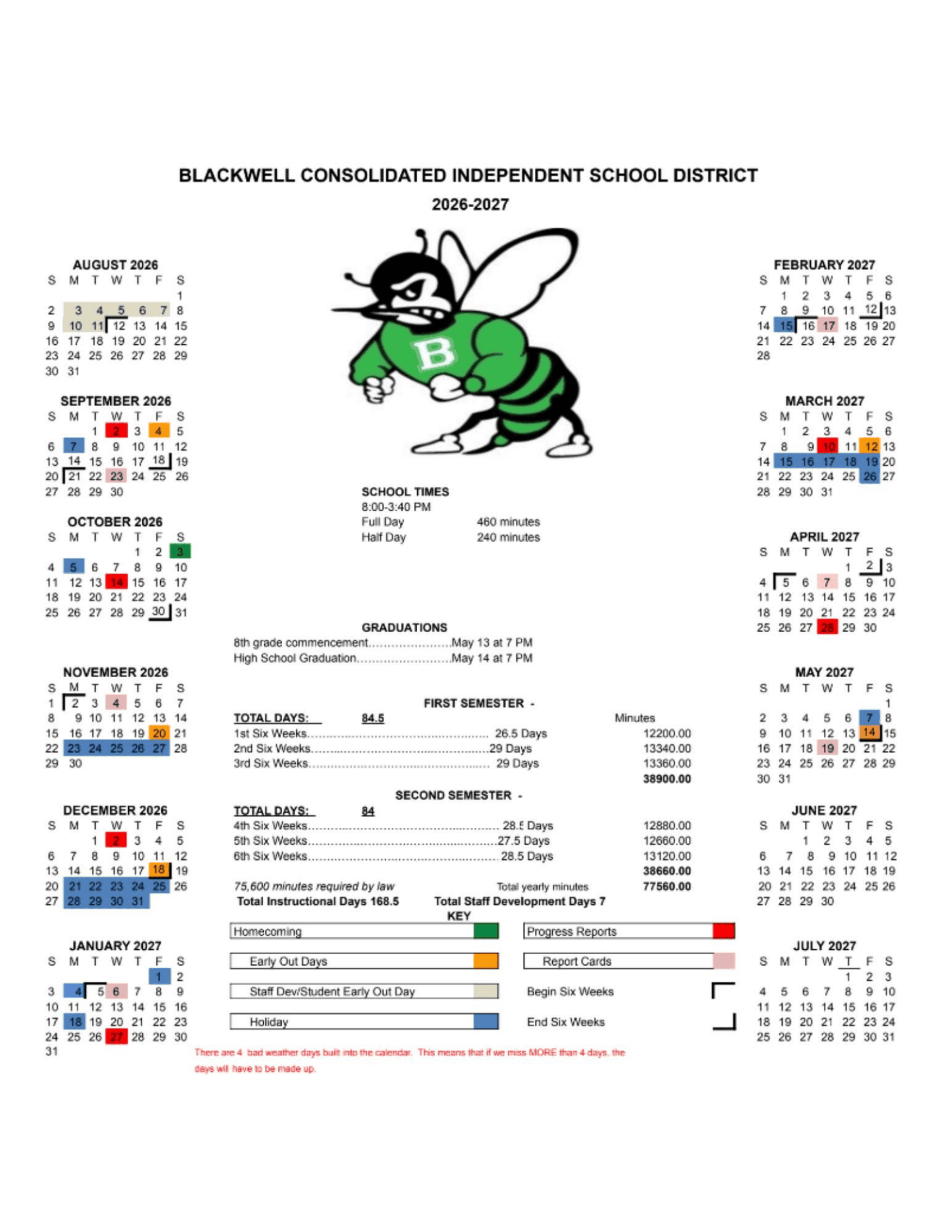 Blackwell Consolidated Independent School District Calendar 26-27 Revised