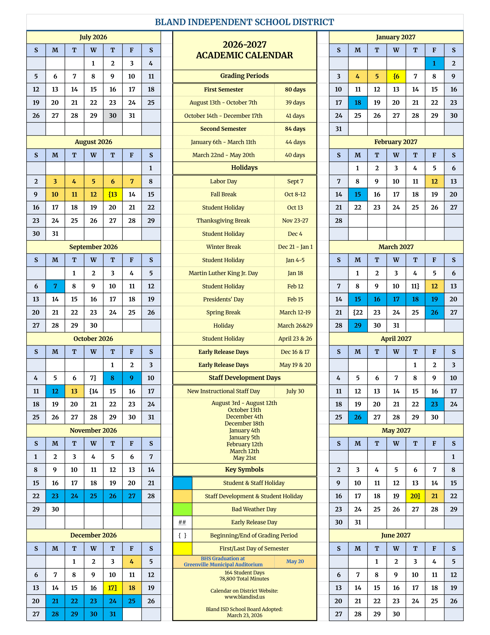 Bland Independent School District Calendar 26-27 Revised