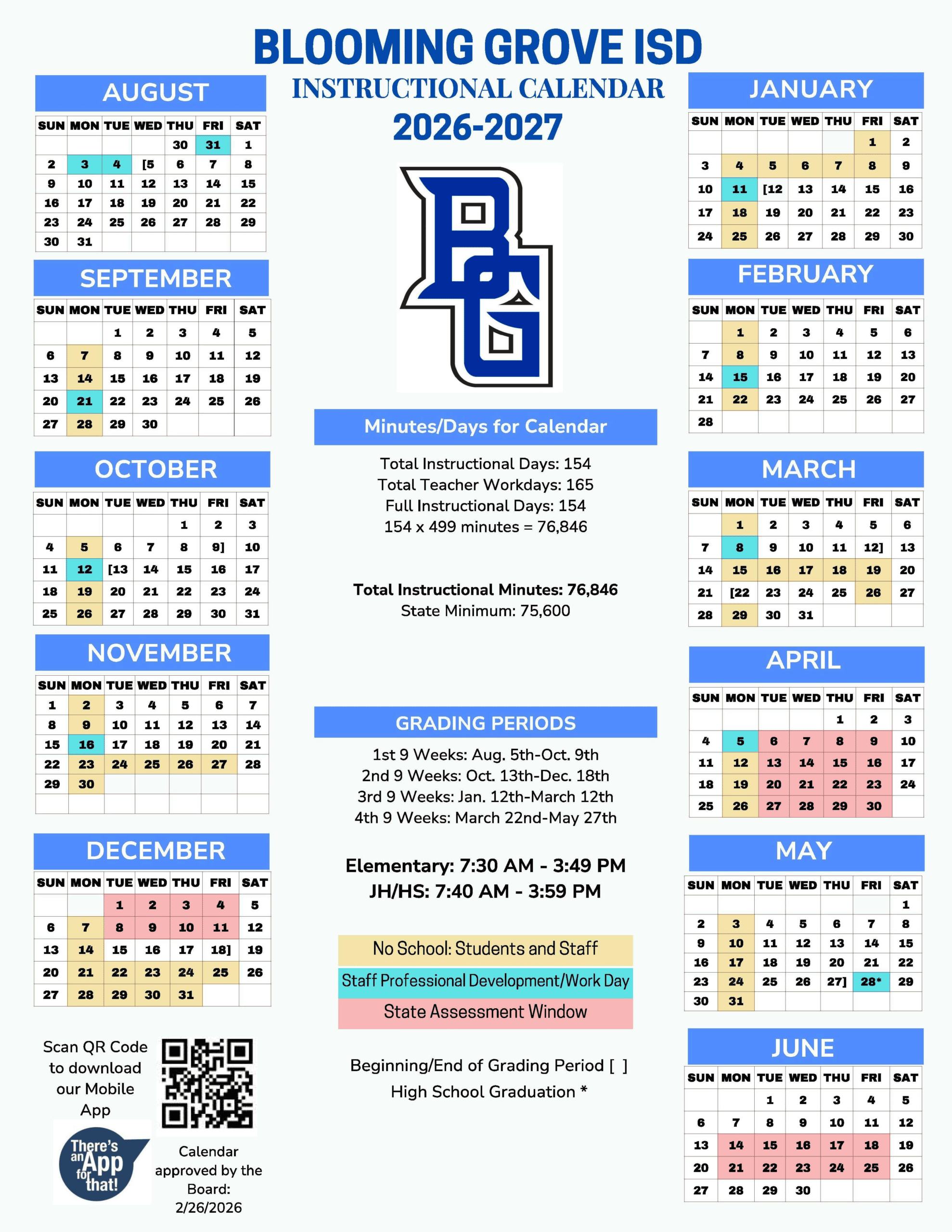 Blooming Grove ISD Calendar 26-27 Revised