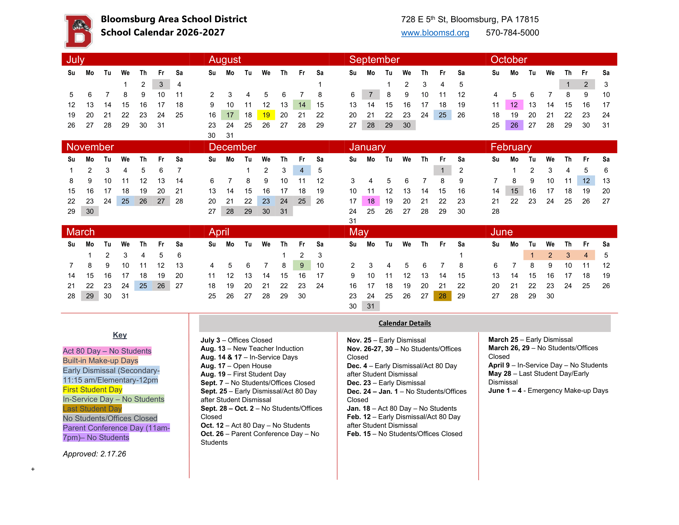 Bloomsburg Area School District Calendar 26-27 pdf