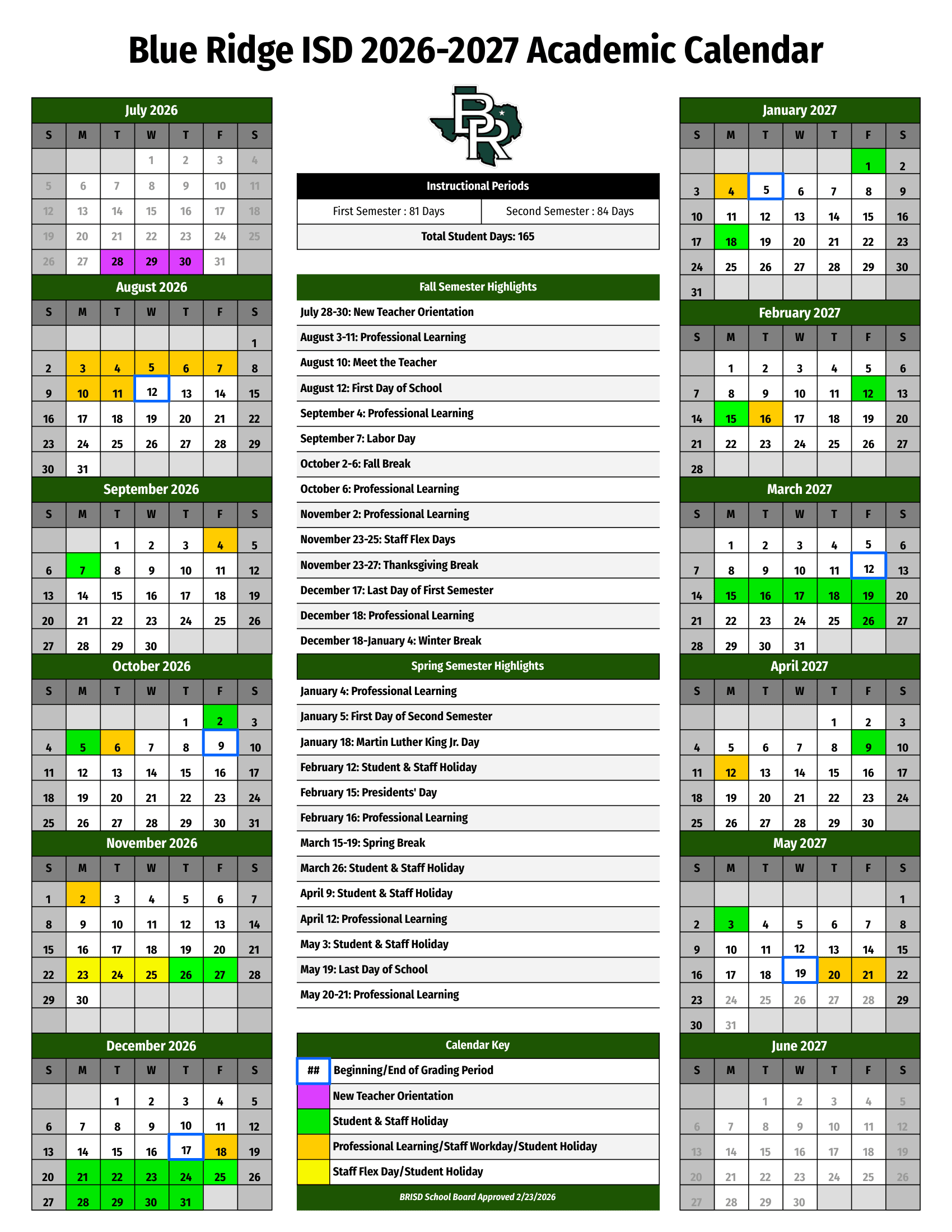 Blue Ridge ISD Calendar 26-27 Revised