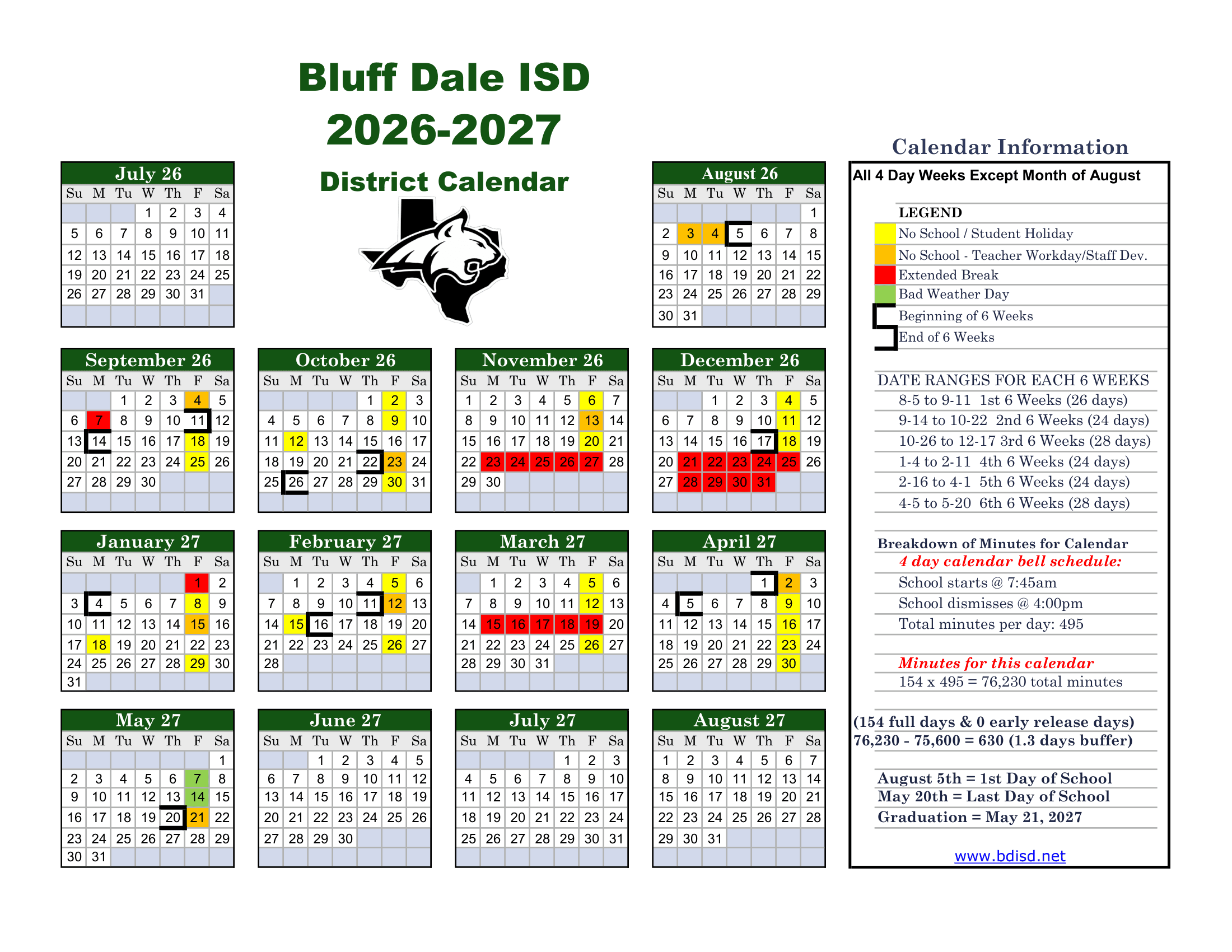 Bluff Dale ISD Calendar 26-27 Revised