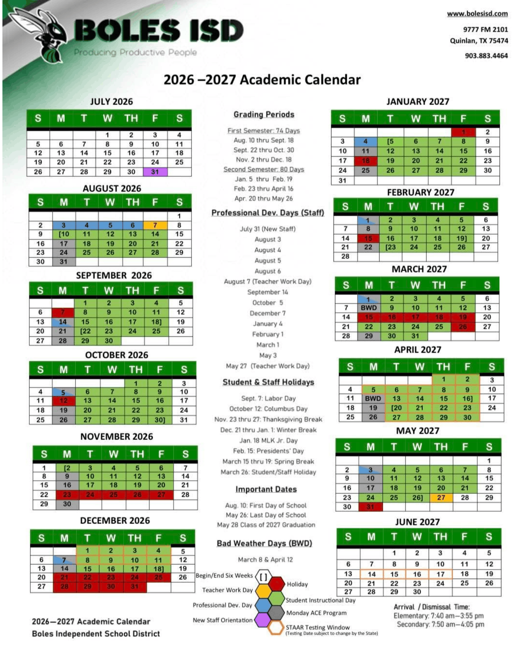 Boles Independent School District Calendar 26-27 Revised