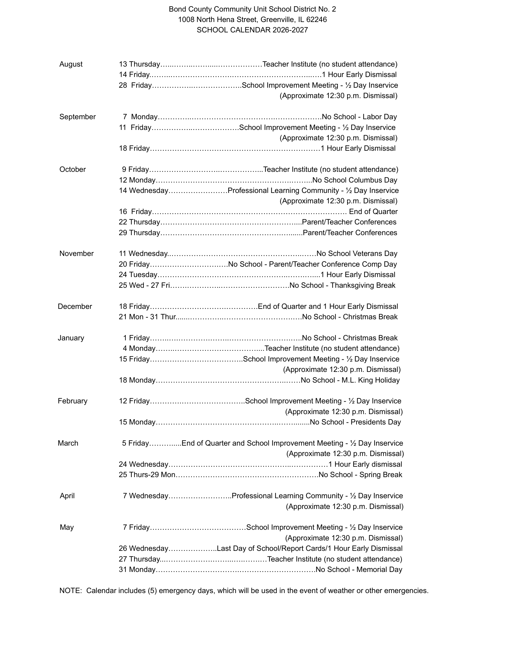Bond County Community Unit School District No. 2 Calendar 26-27 pdf