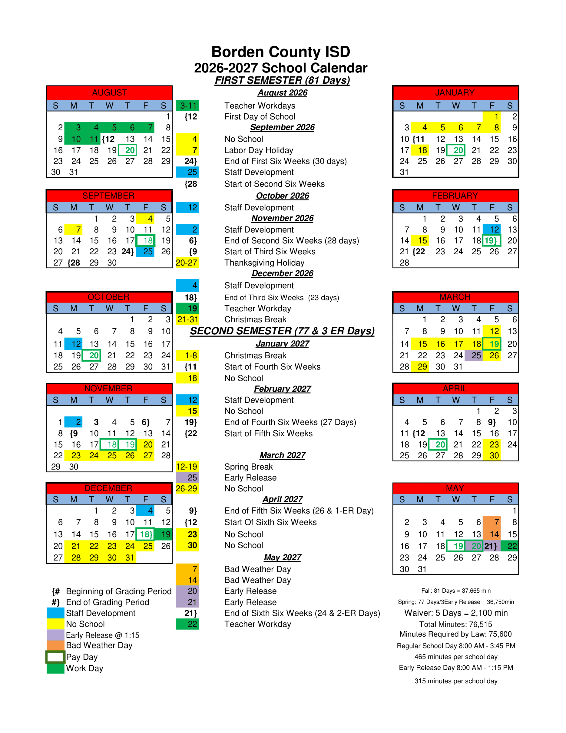 Borden County ISD Calendar 26-27 Revised