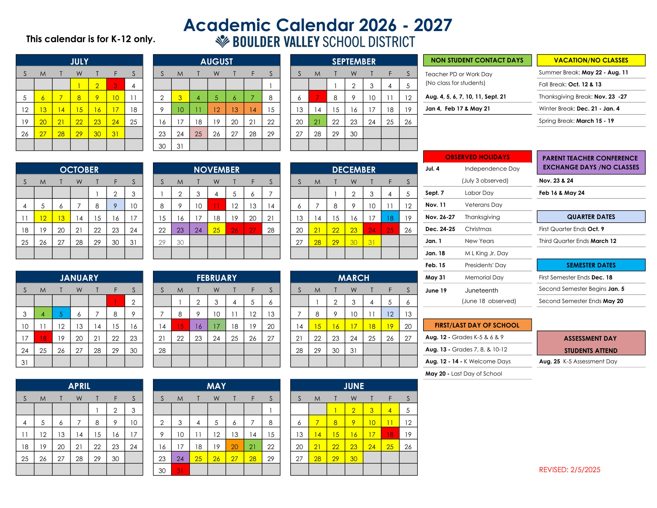 Boulder Valley School District Calendar 26-27 Revised