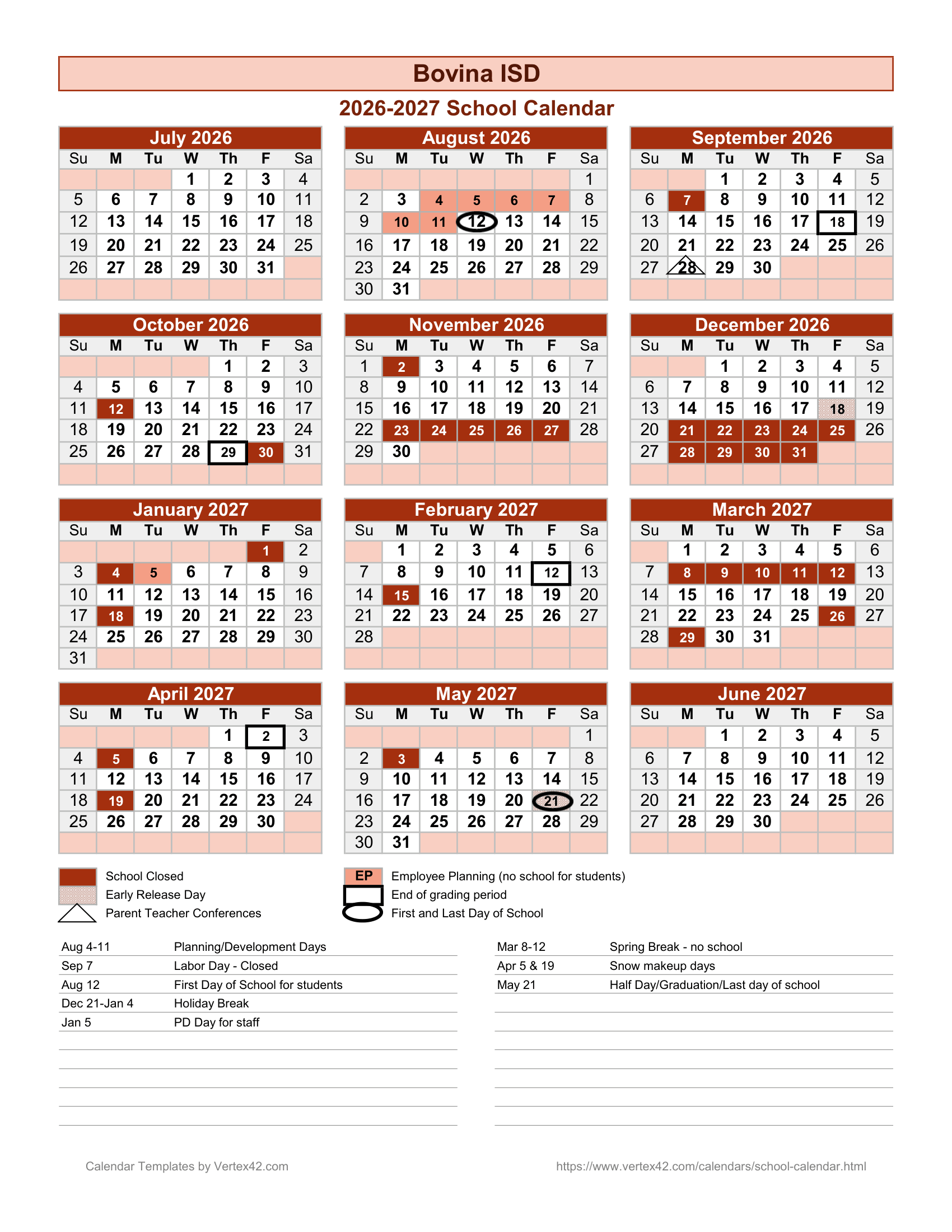 Bovina ISD Calendar 26-27 Revised
