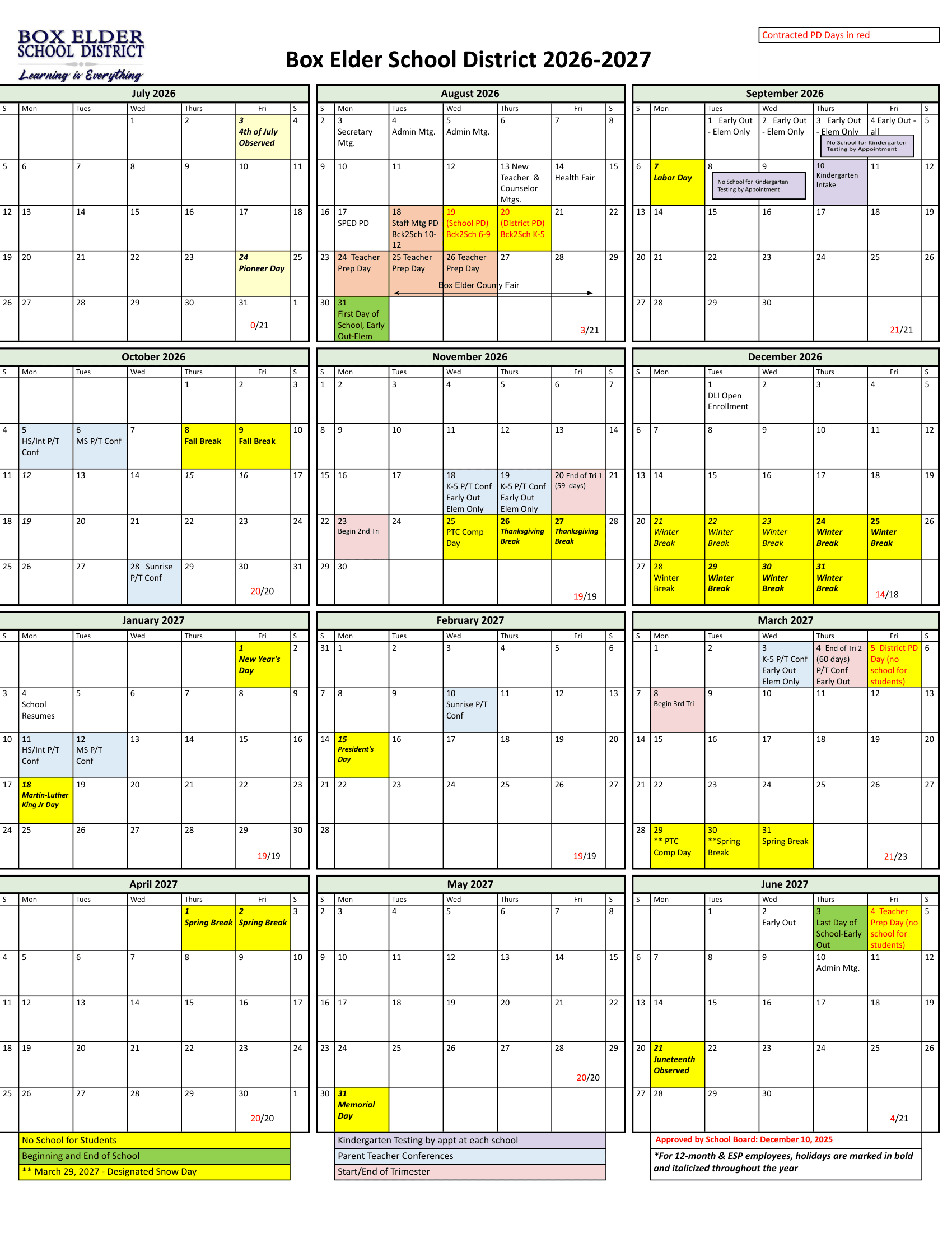 Box Elder School District Calendar 26-27 PDF