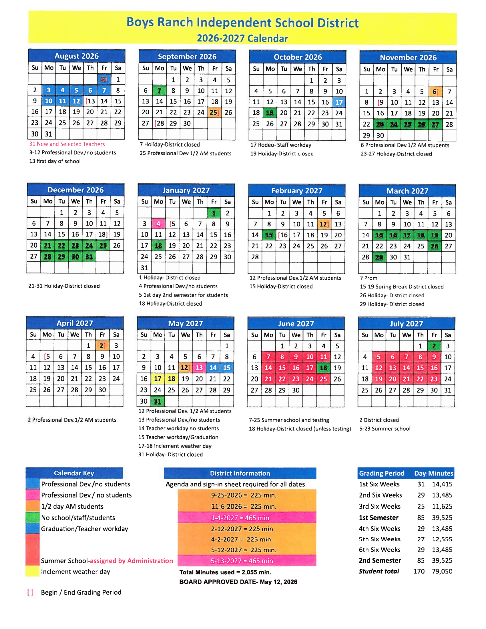 Boys Ranch Independent School District Calendar 26-27 Revised