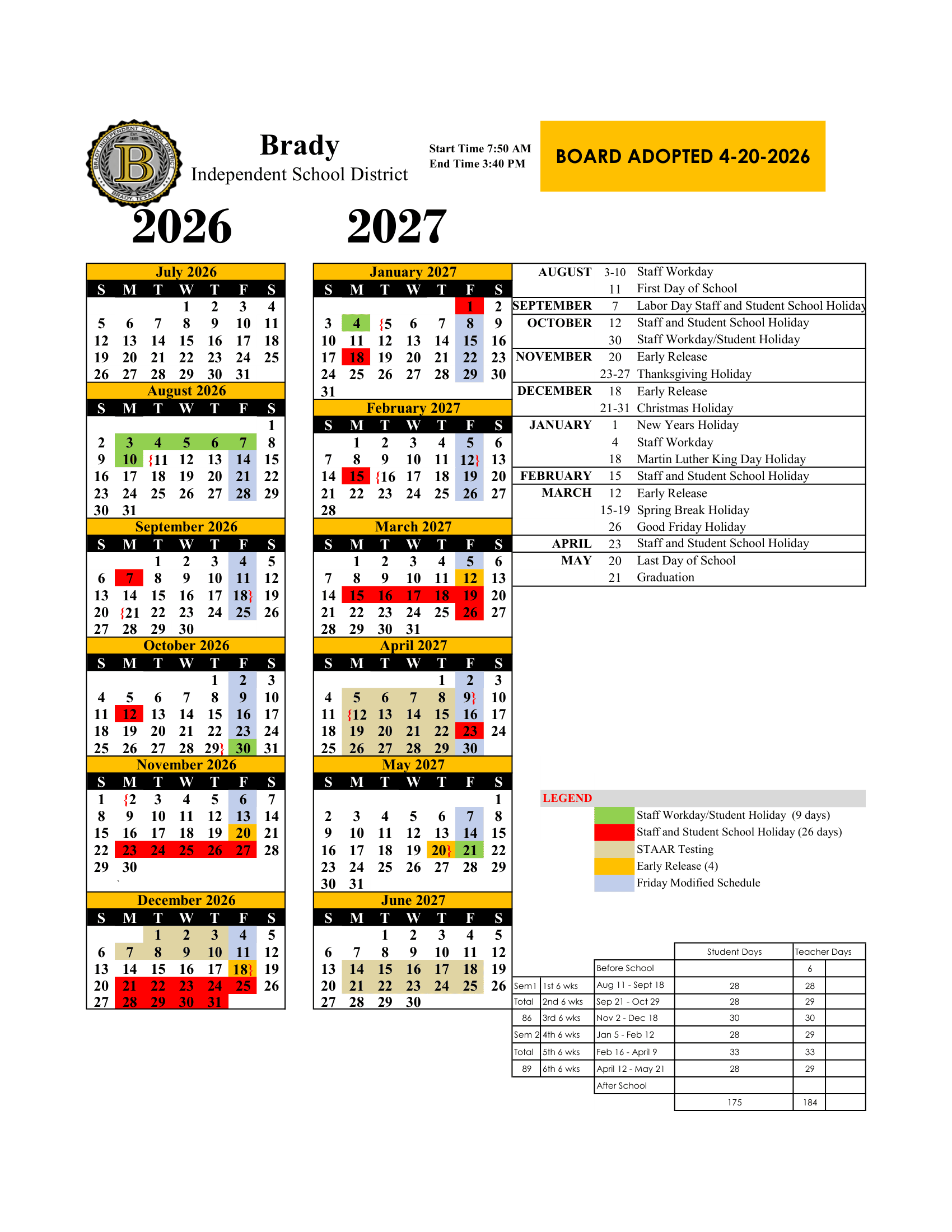 Brady Independent School District Calendar 26-27 Revised