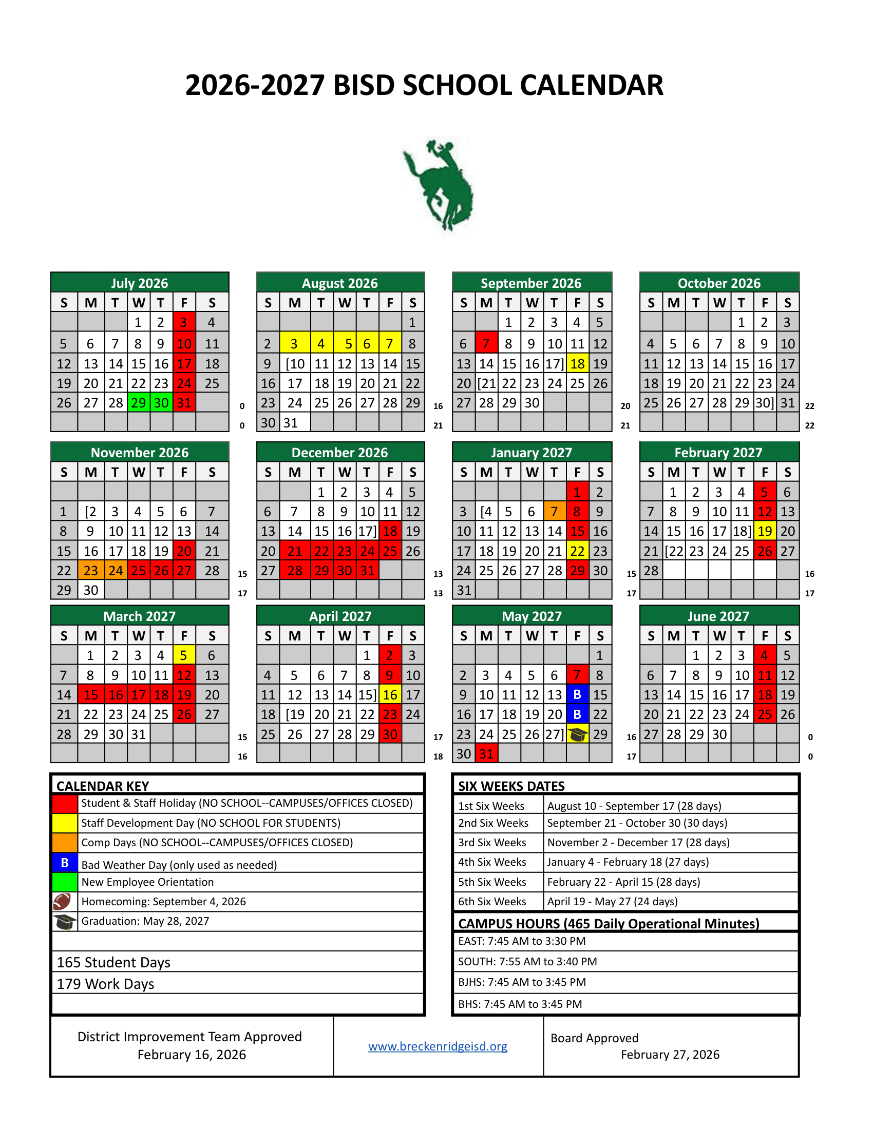 Breckenridge Independent School District Calendar 26-27 pdf