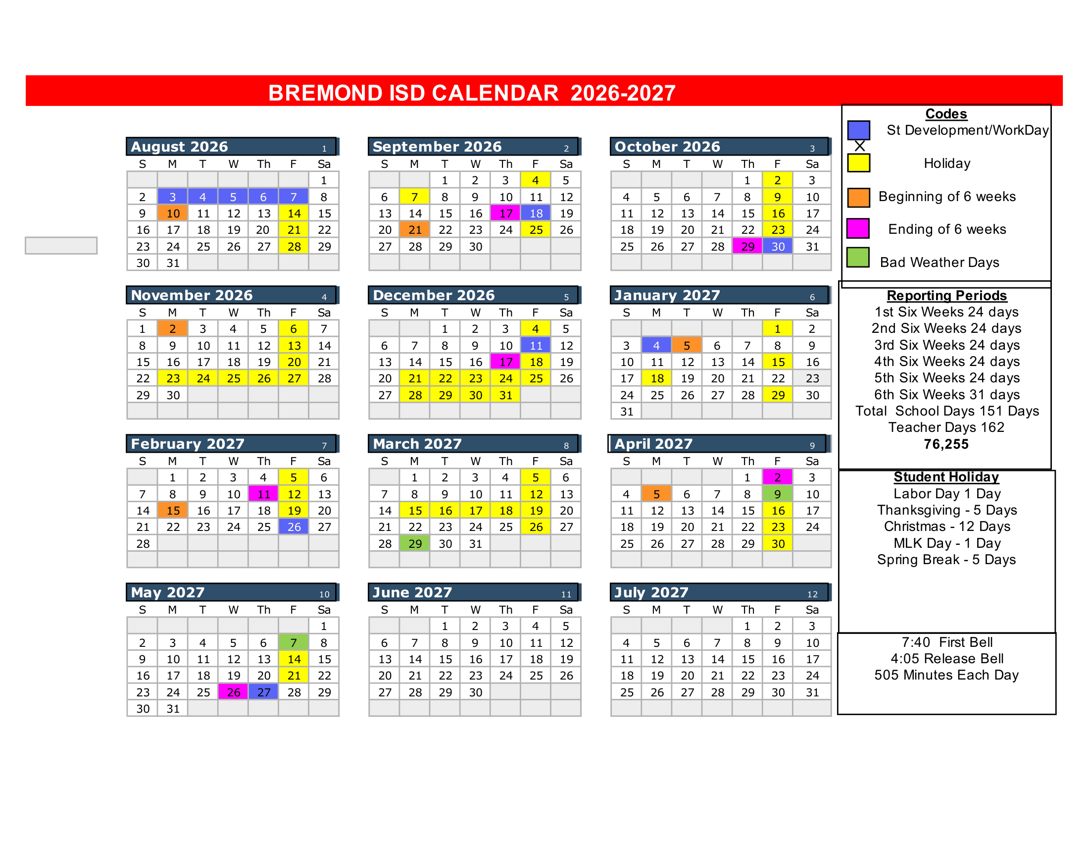 Bremond ISD Calendar 26-27 Revised