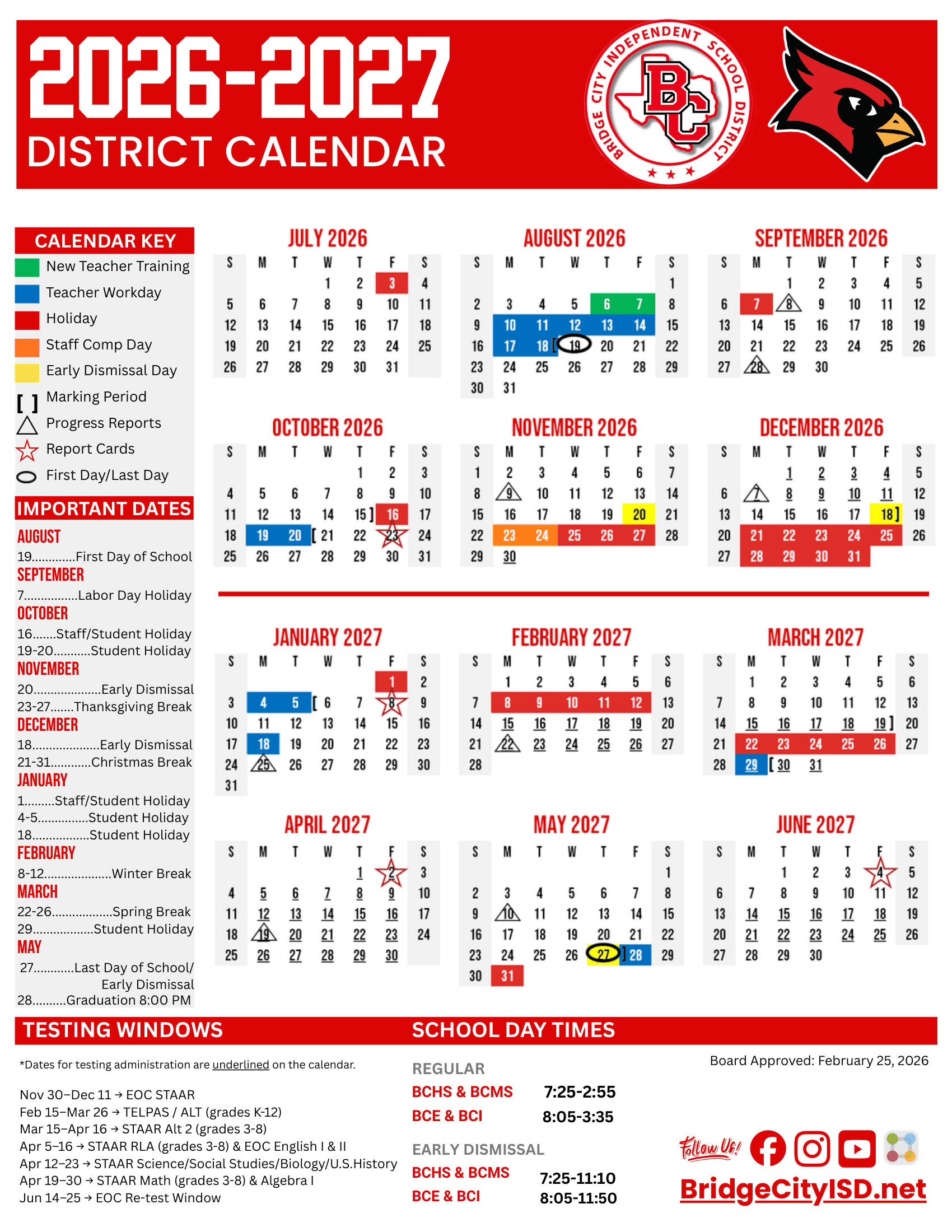 Bridge City Independent School District Calendar 26-27 pdf