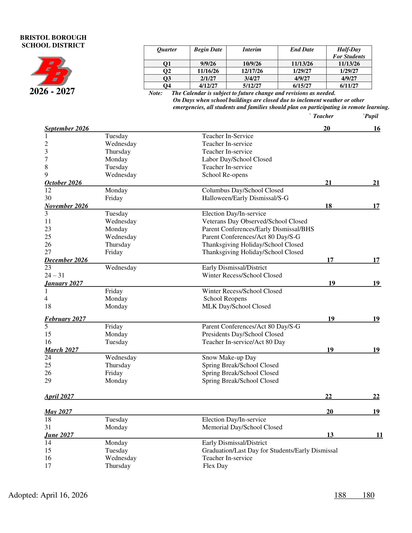 Bristol Borough School District Calendar 26-27 pdf