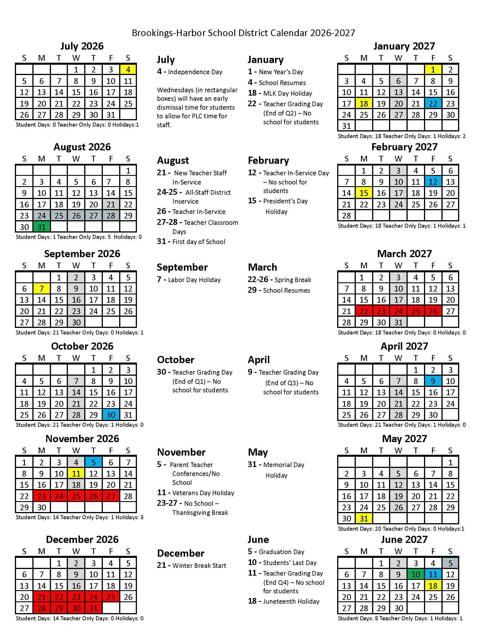 Brookings-Harbor School District Calendar 26-27 PDF