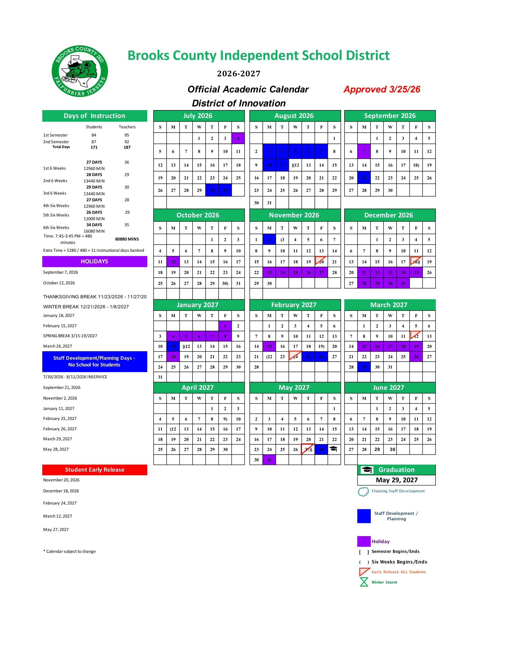 Brooks County Independent School District Calendar 26-27 pdf