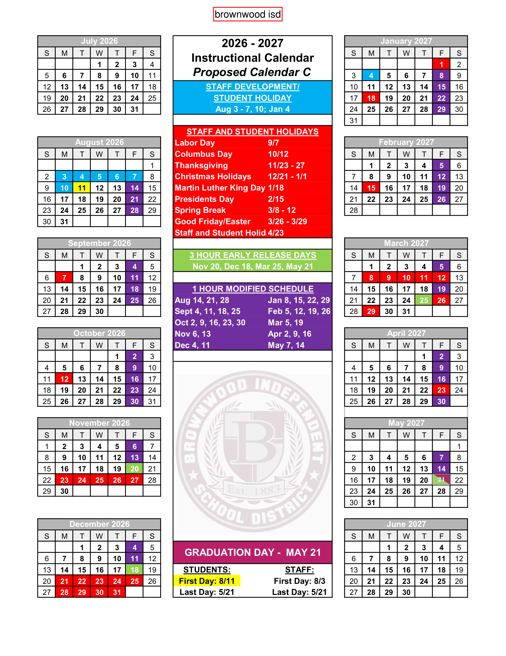 Brownwood ISD Calendar 26-27 pdf