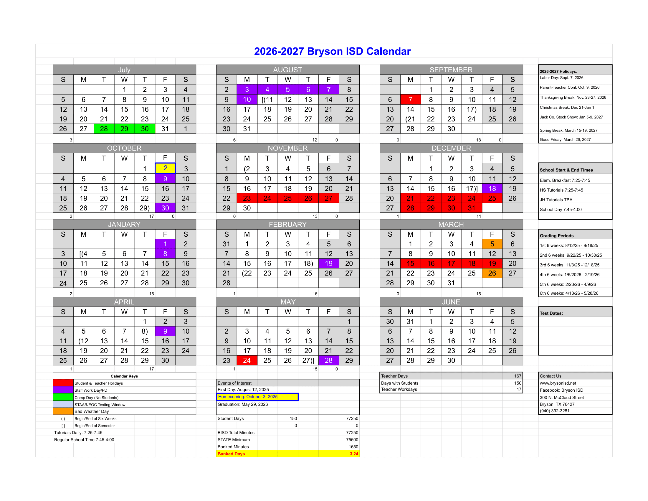 Bryson ISD Calendar 26-27 Revised