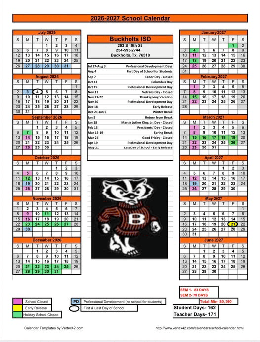 Buckholts ISD Calendar 26-27 Revised