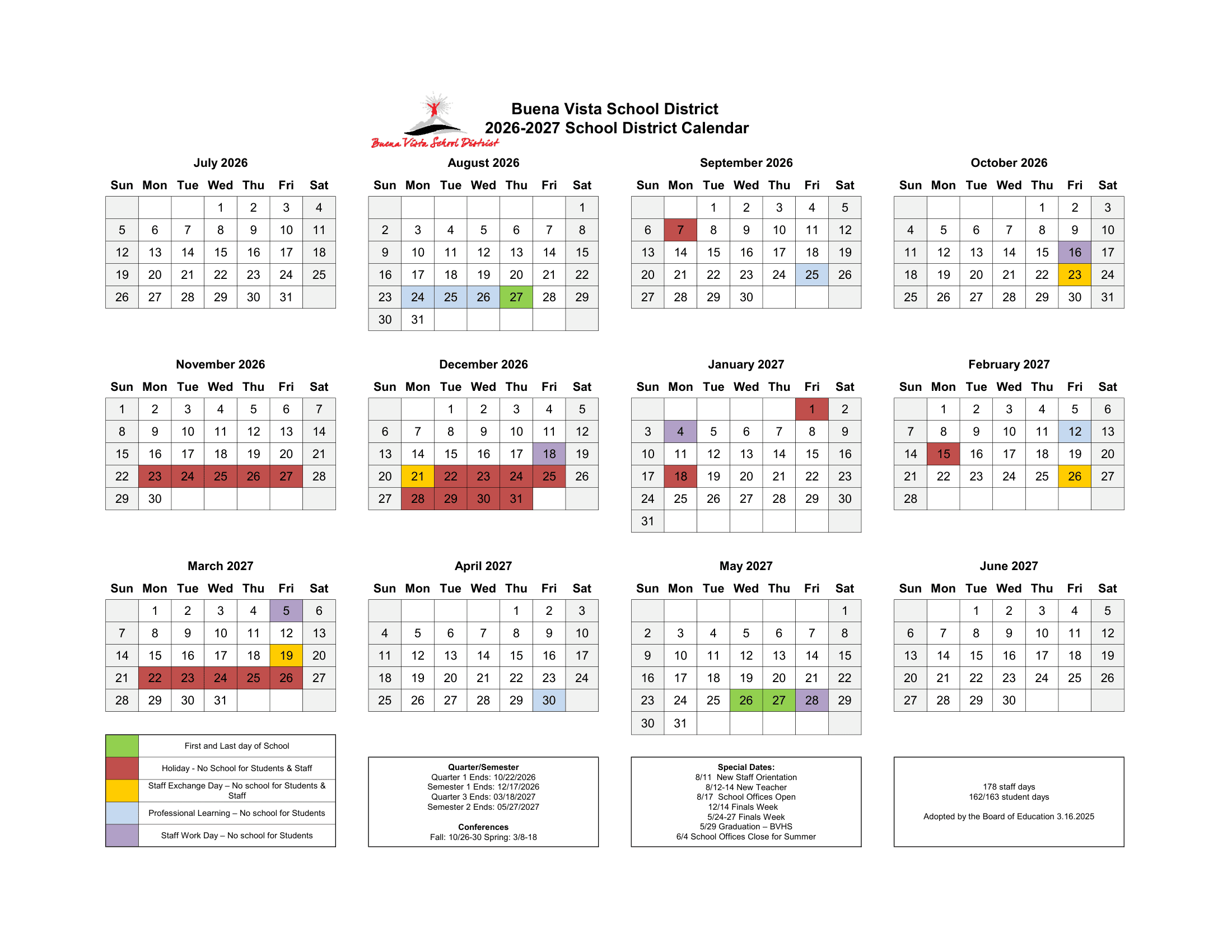 Buena Vista School District Calendar 26-27 Revised