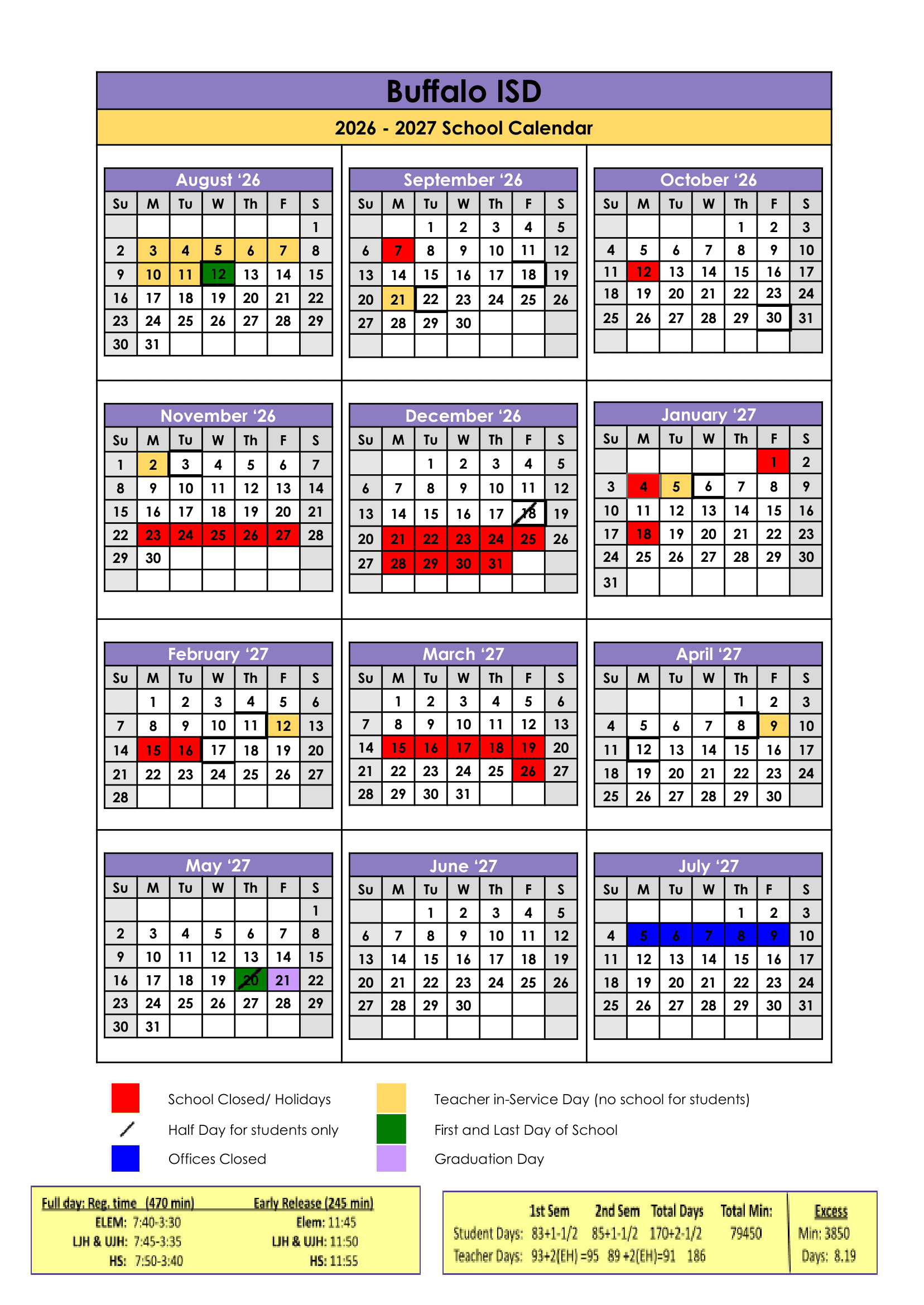 Buffalo ISD Calendar 26-27 Revised