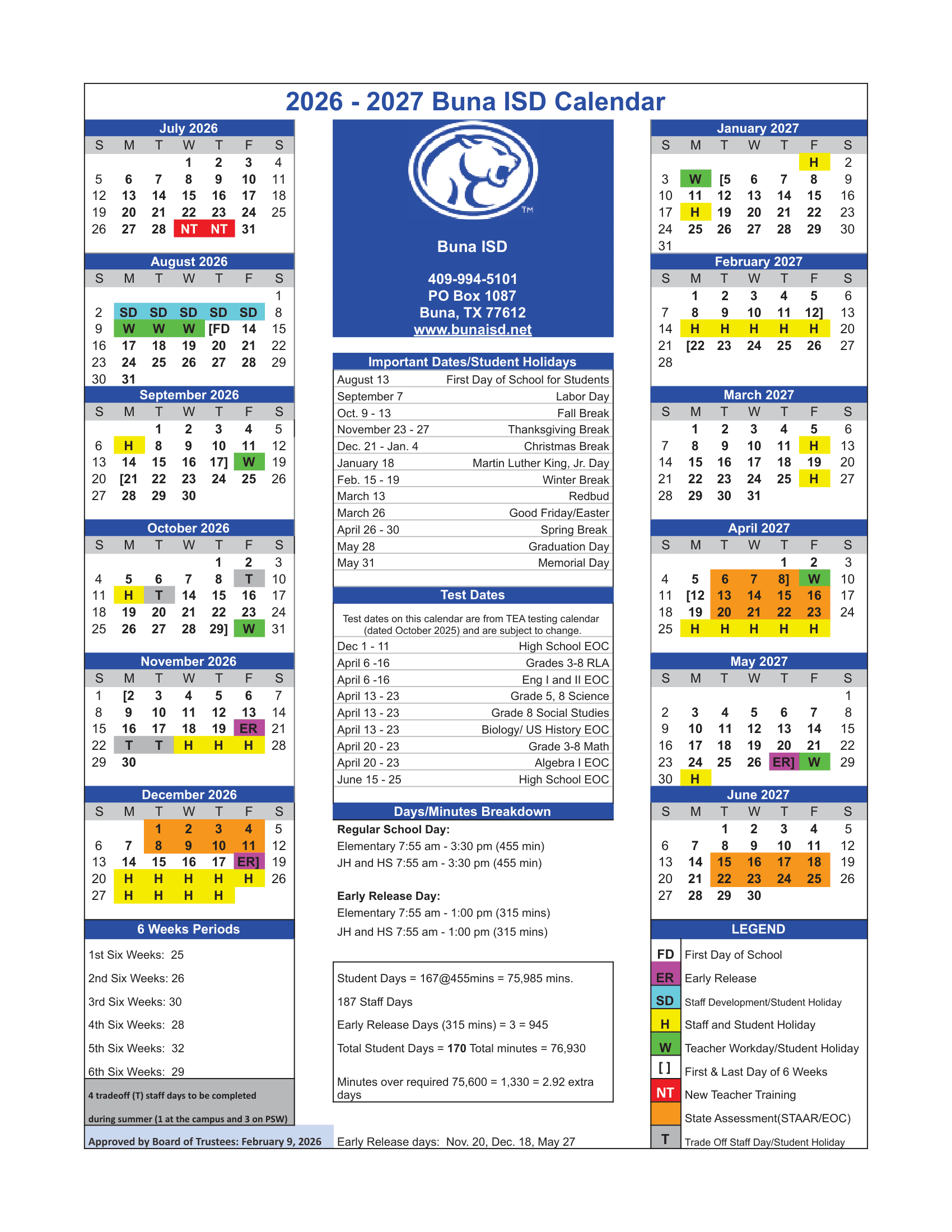 Buna ISD Calendar 26-27 Revised