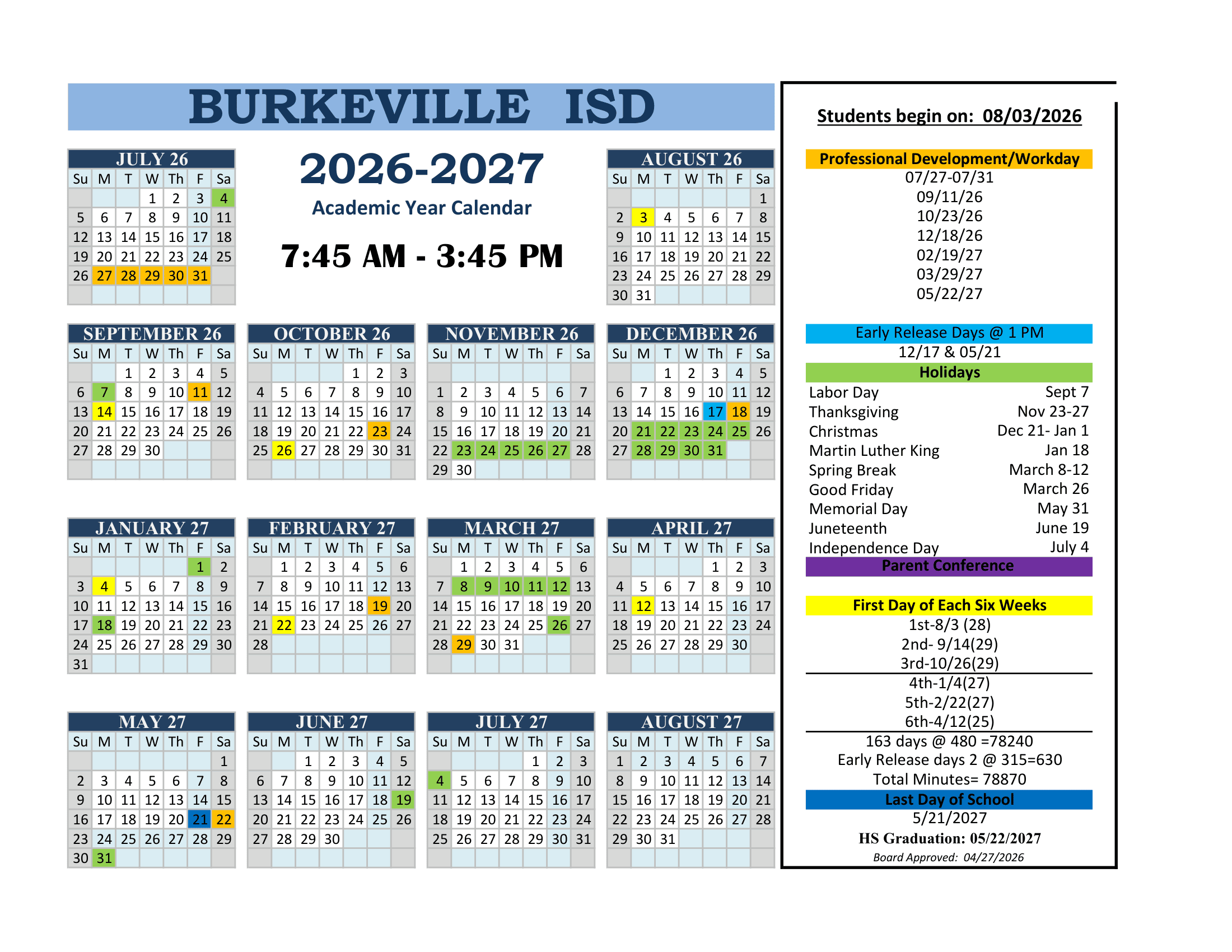 Burkeville ISD Calendar 26-27 Revised