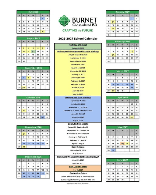 Burnet Consolidated ISD Calendar 26-27 Revised