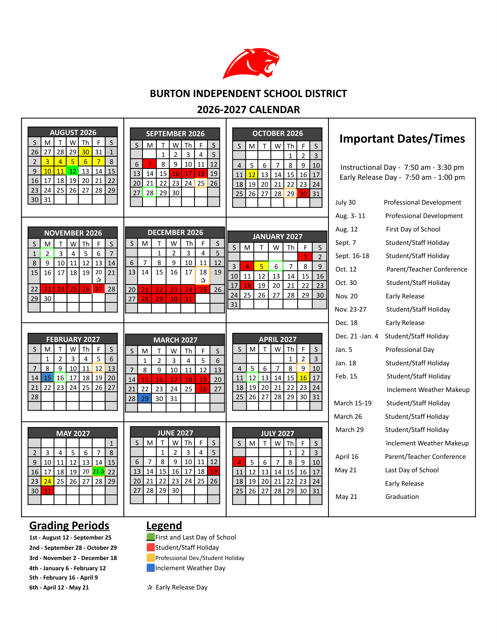 Burton Independent School District Calendar 26-27 Revised